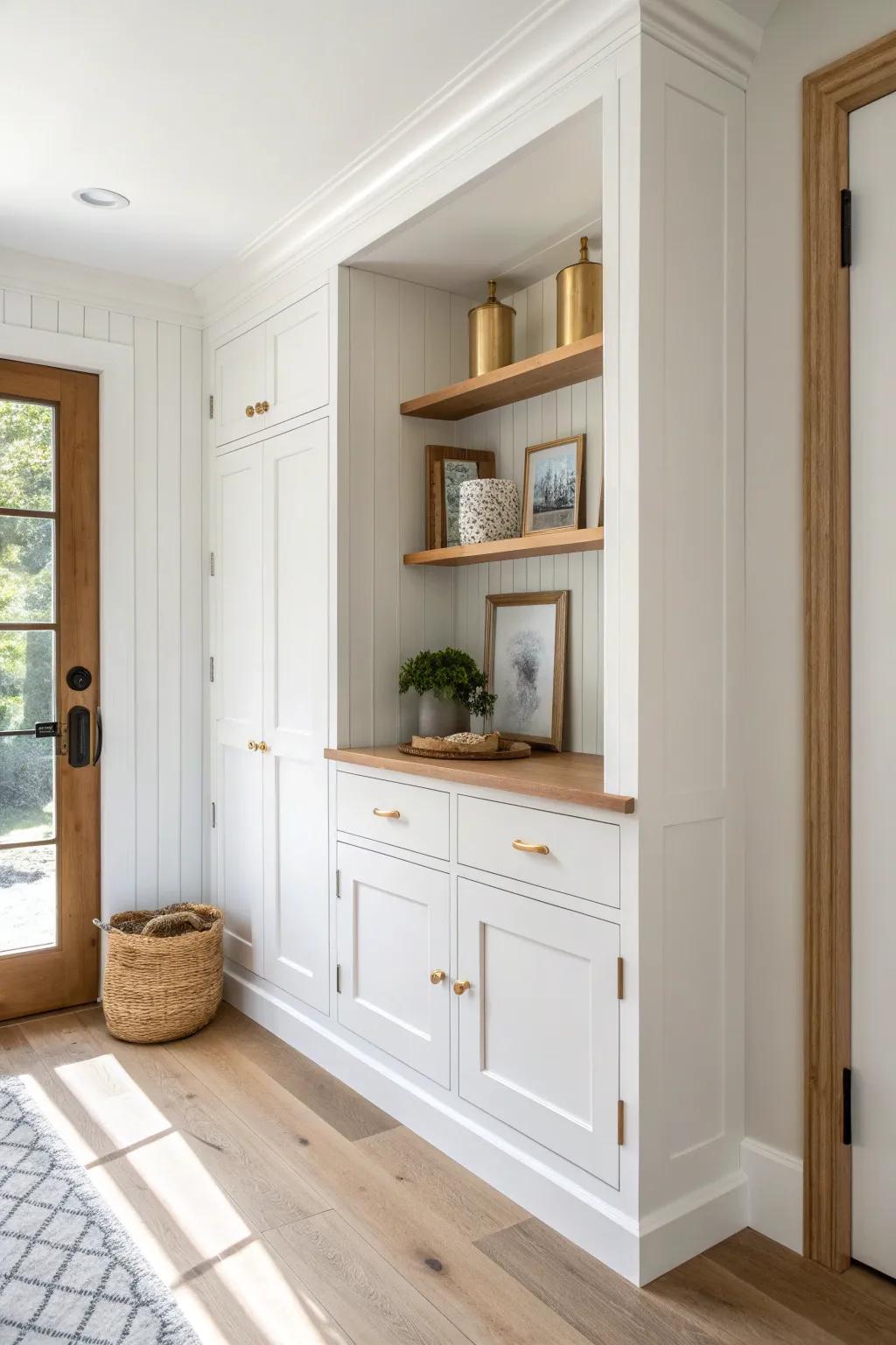 A recessed cabinet niche with a mini oak counter creates a chic, custom drop-zone in the hallway.