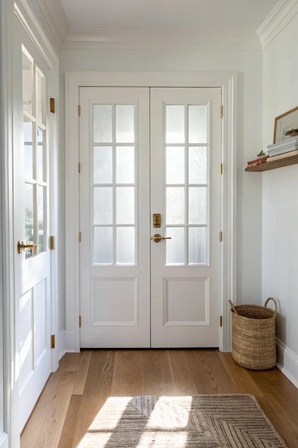 Airy French closet doors turn a tight hallway into a bright, architectural entry moment.