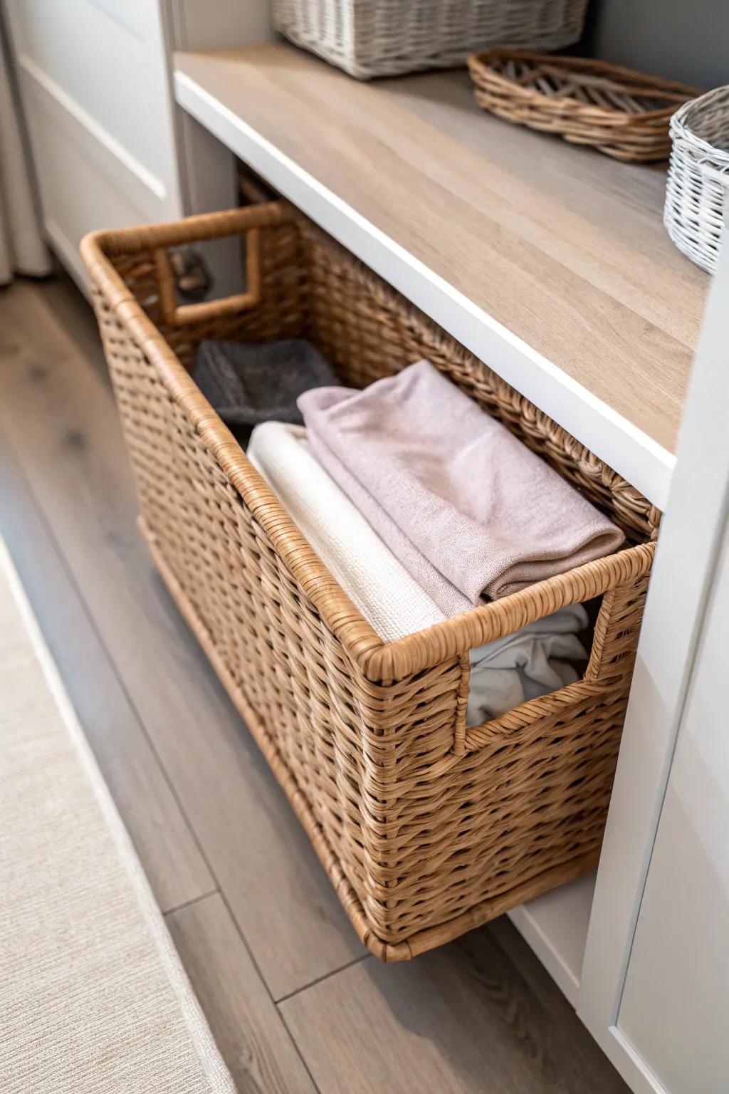 Slim pull-out basket brings hallway closet extras forward—pretty, practical, and space-smart.