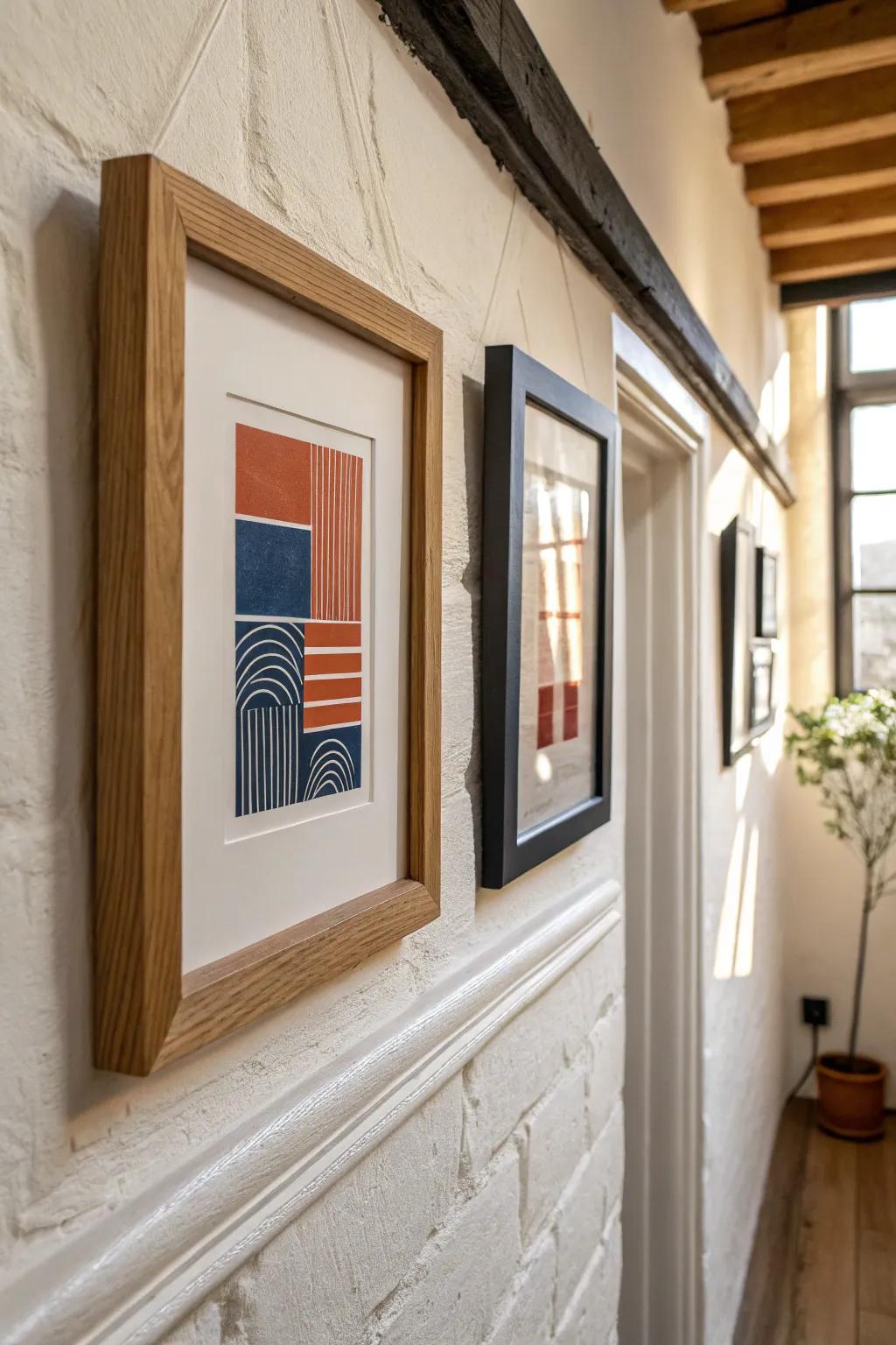 Two finishes, one calm look: light oak + matte black frames for a hallway gallery wall.