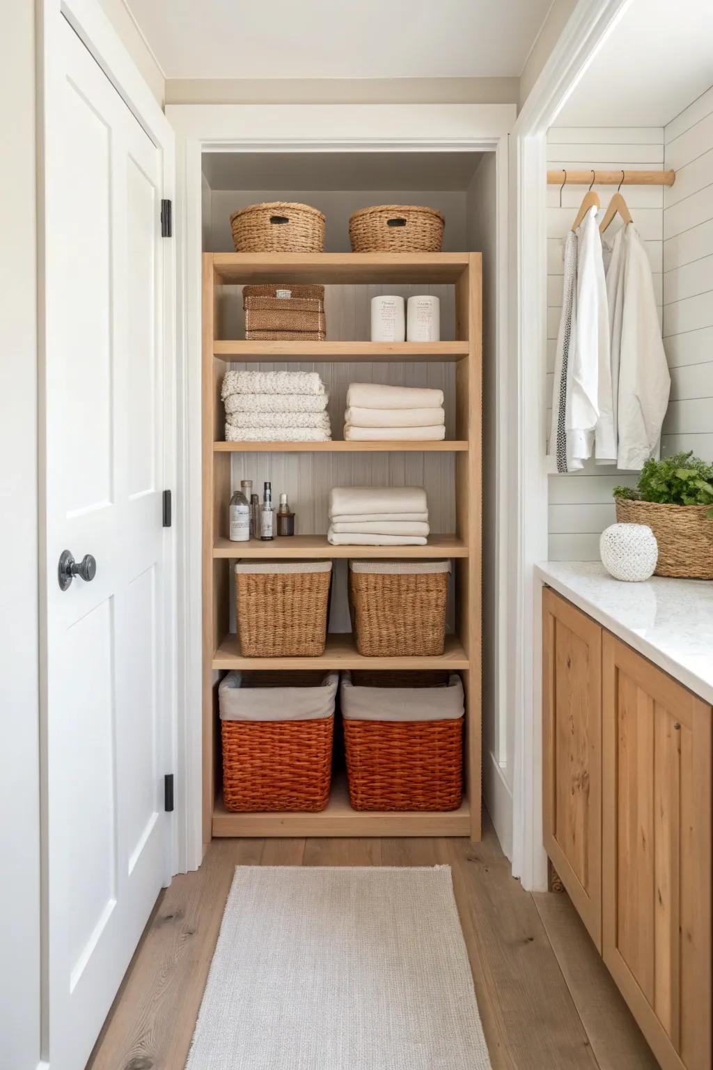 Built-in hallway laundry shelves that hide supplies beautifully—minimal, warm, and ultra organized.