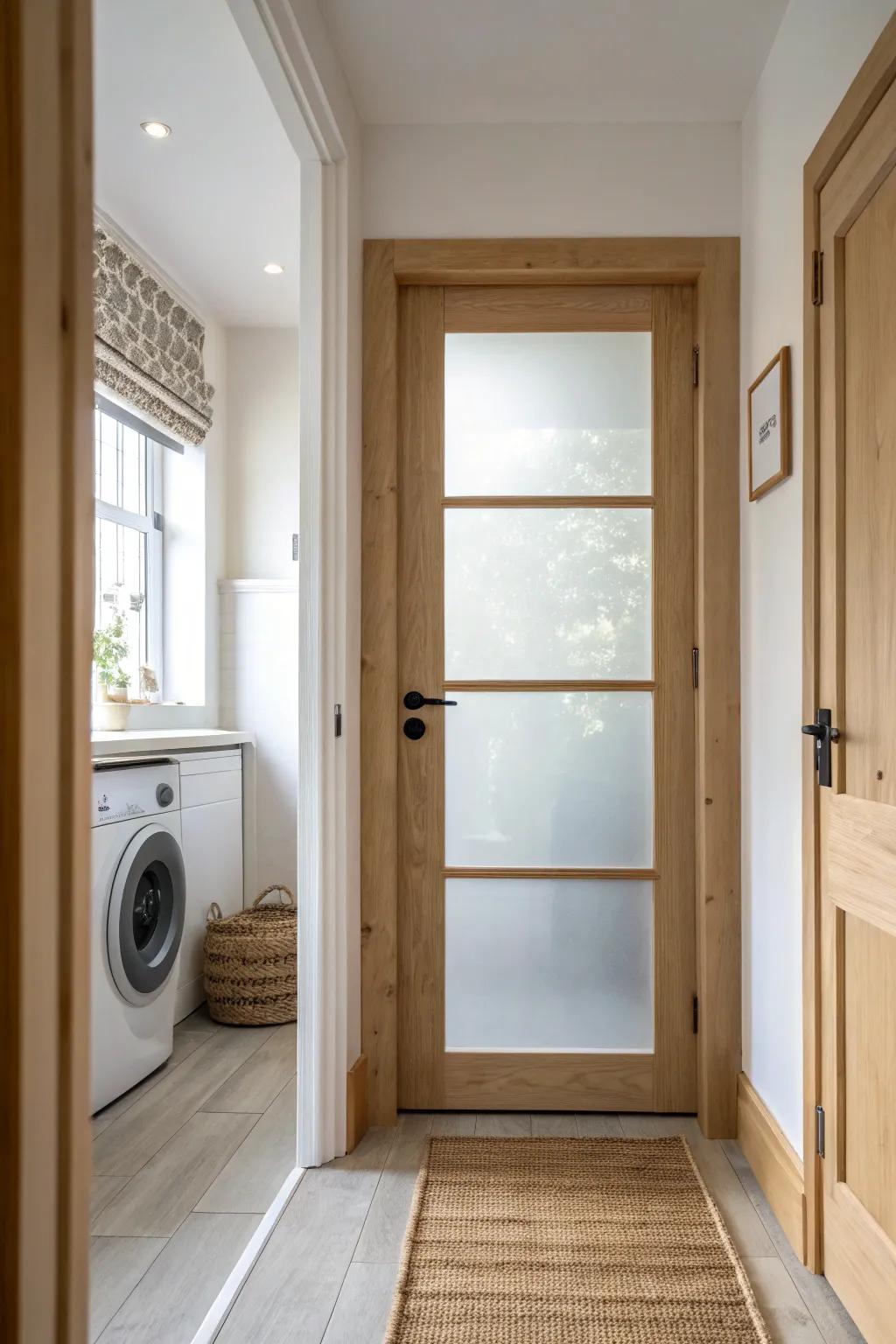 Frosted glass laundry door: bright hallway glow with privacy and a sleek minimalist look.