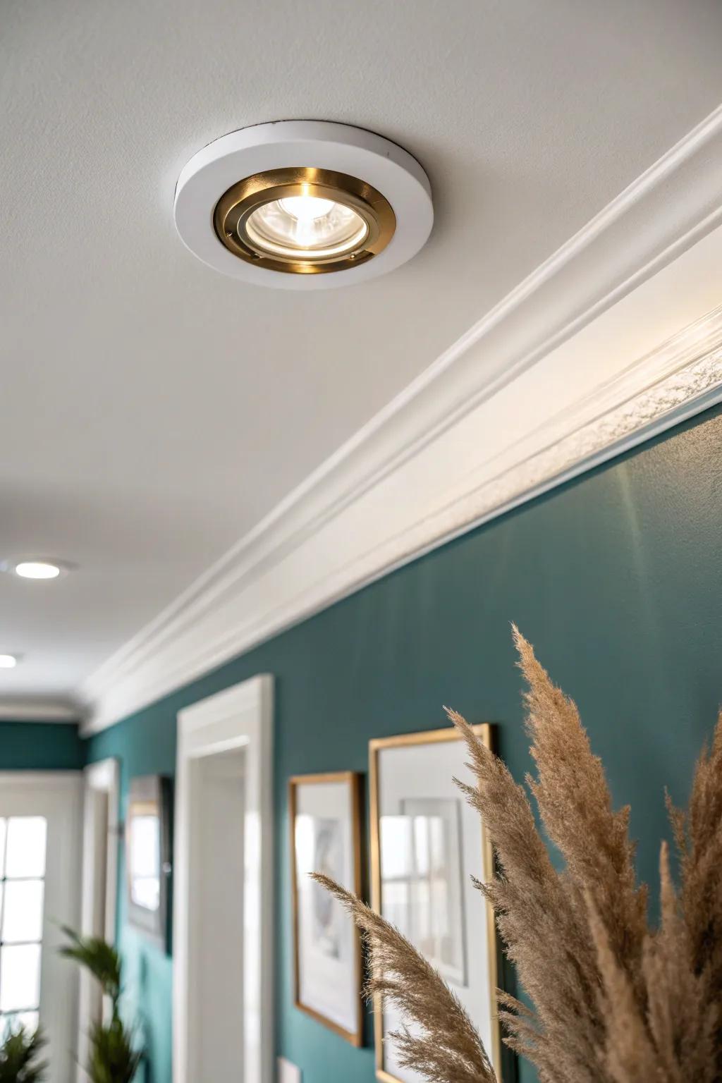 Brass-trim recessed light keeps a small hallway bright—without cluttering the ceiling.