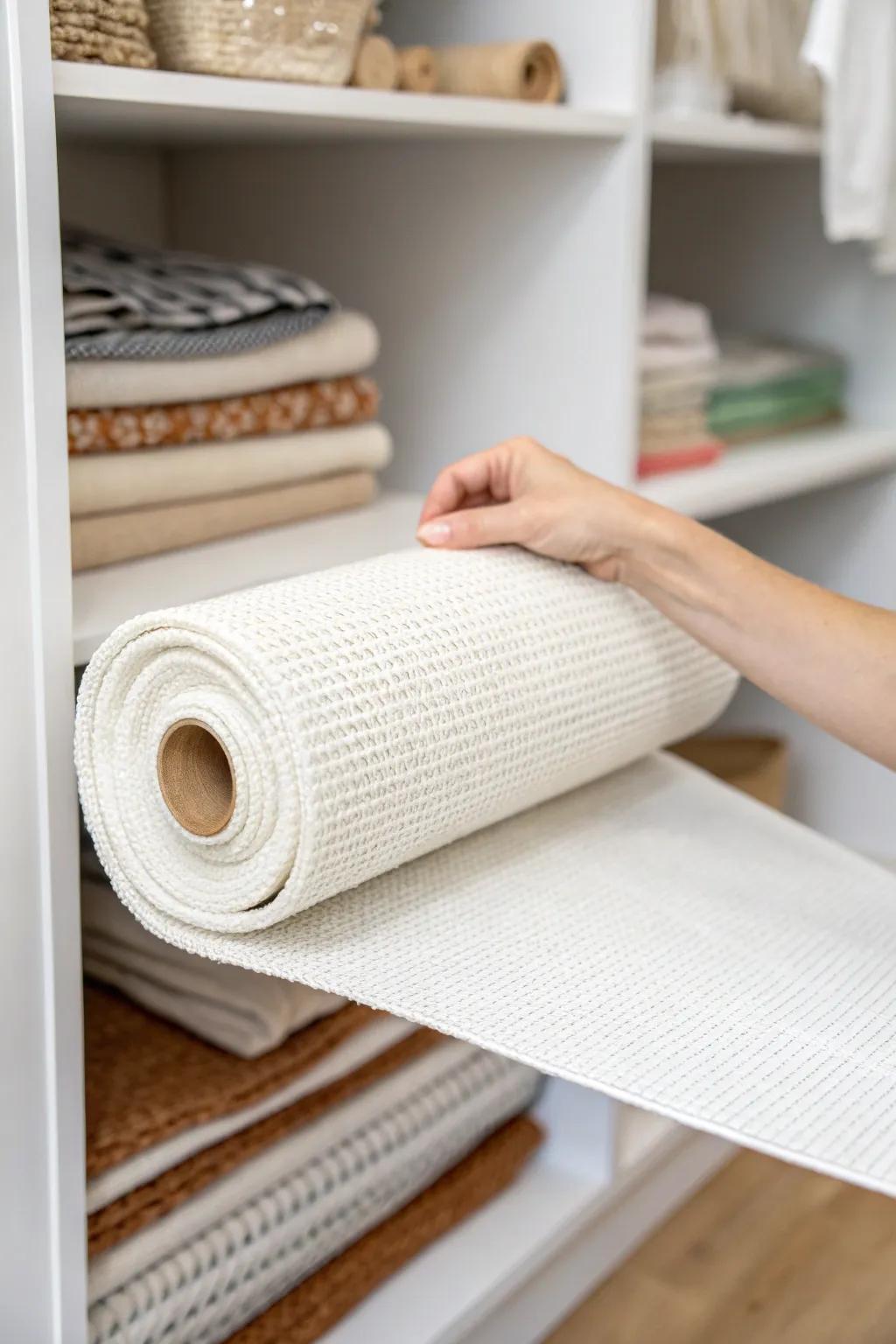 Non-slip shelf liner keeps hallway linen closet bins steady—and shields shelves from spills.