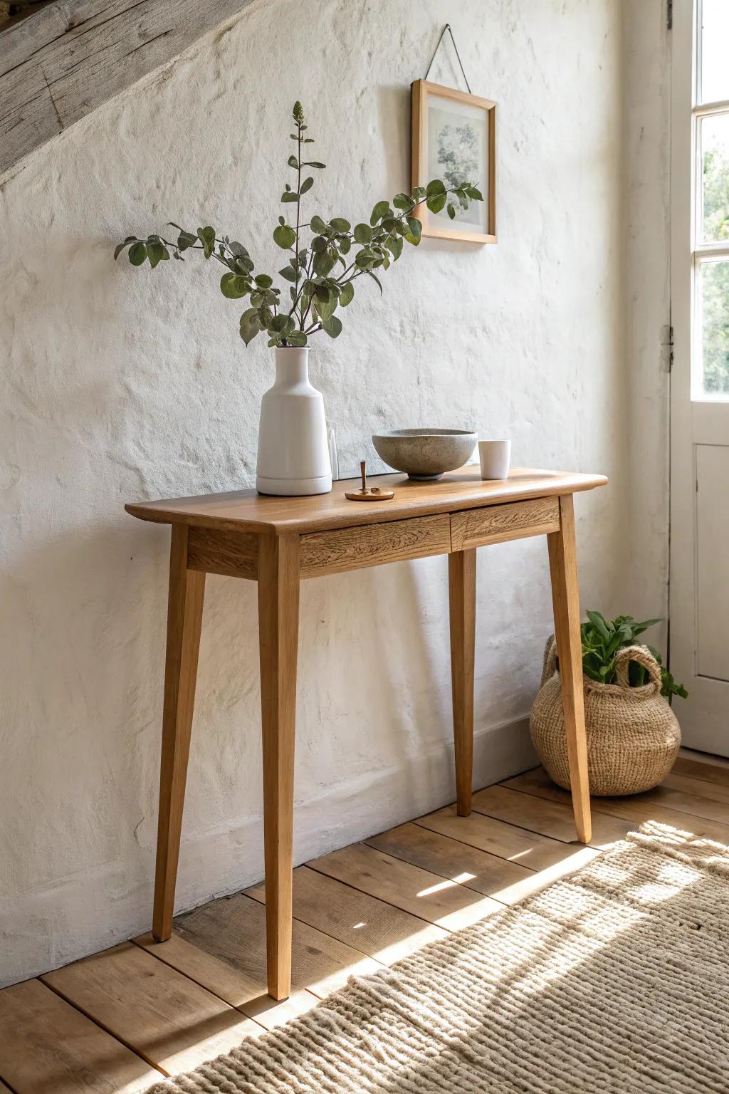 Slim console styling nook: one tray, daily essentials, warm wood, and zero hallway clutter.