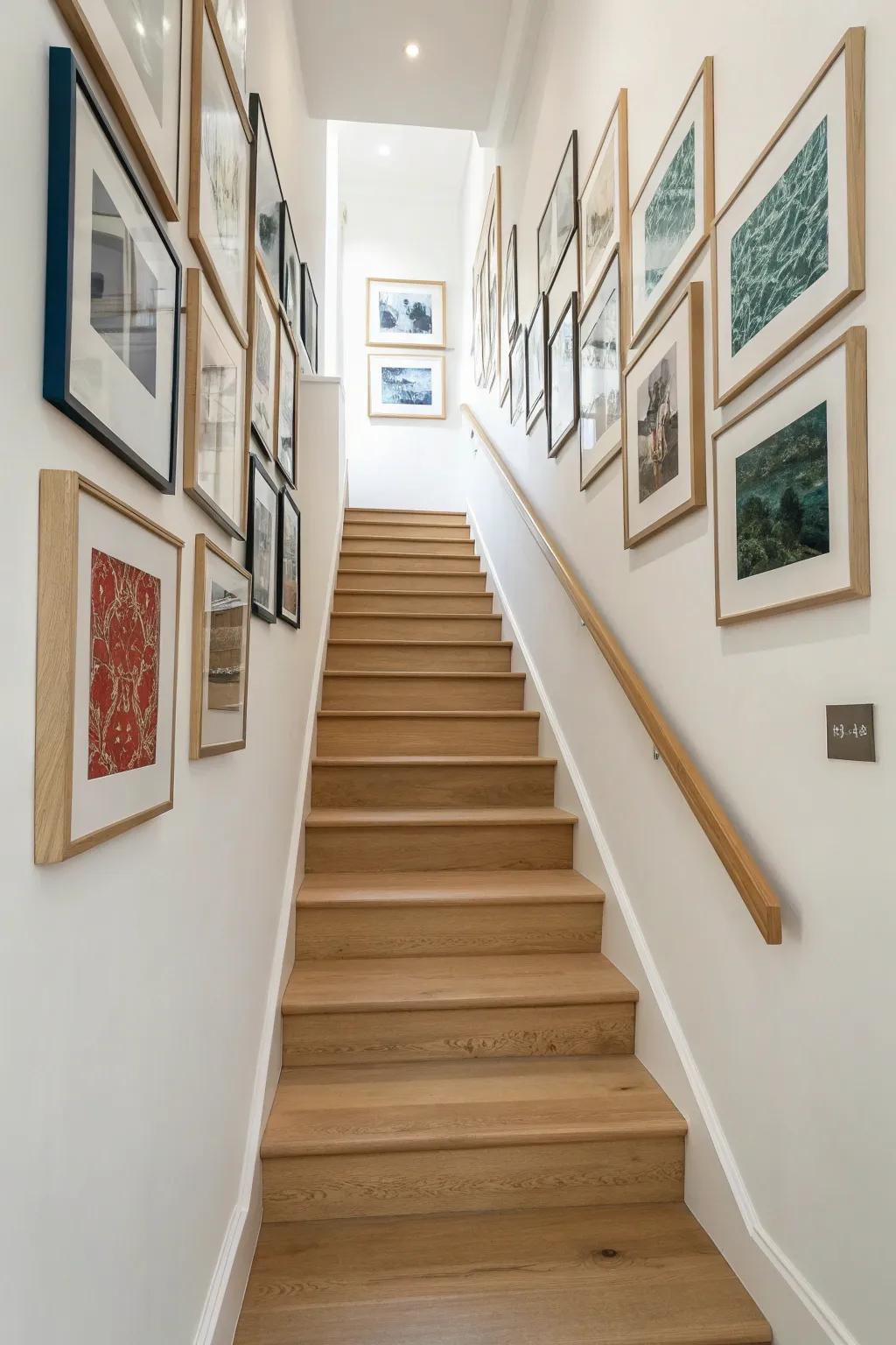 Stair-step photo wall that follows the staircase—clean spacing, bold color, effortless flow.