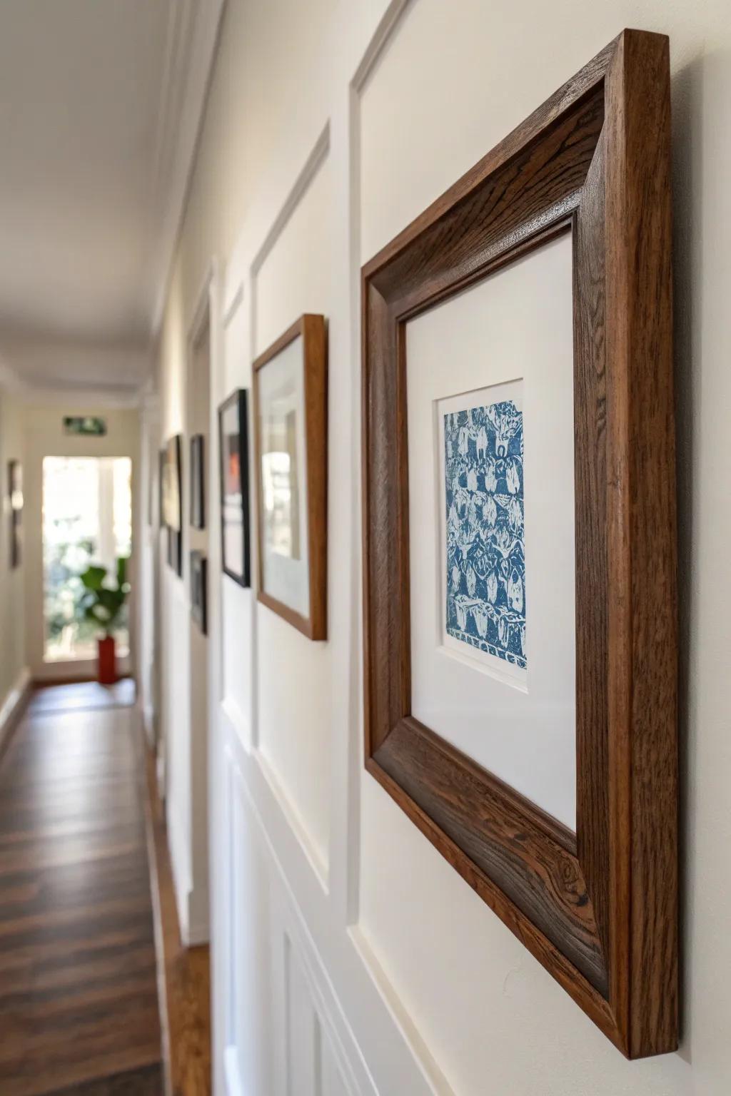 Mix walnut and brass frames—keep the mat crisp white so every hallway photo feels like art.