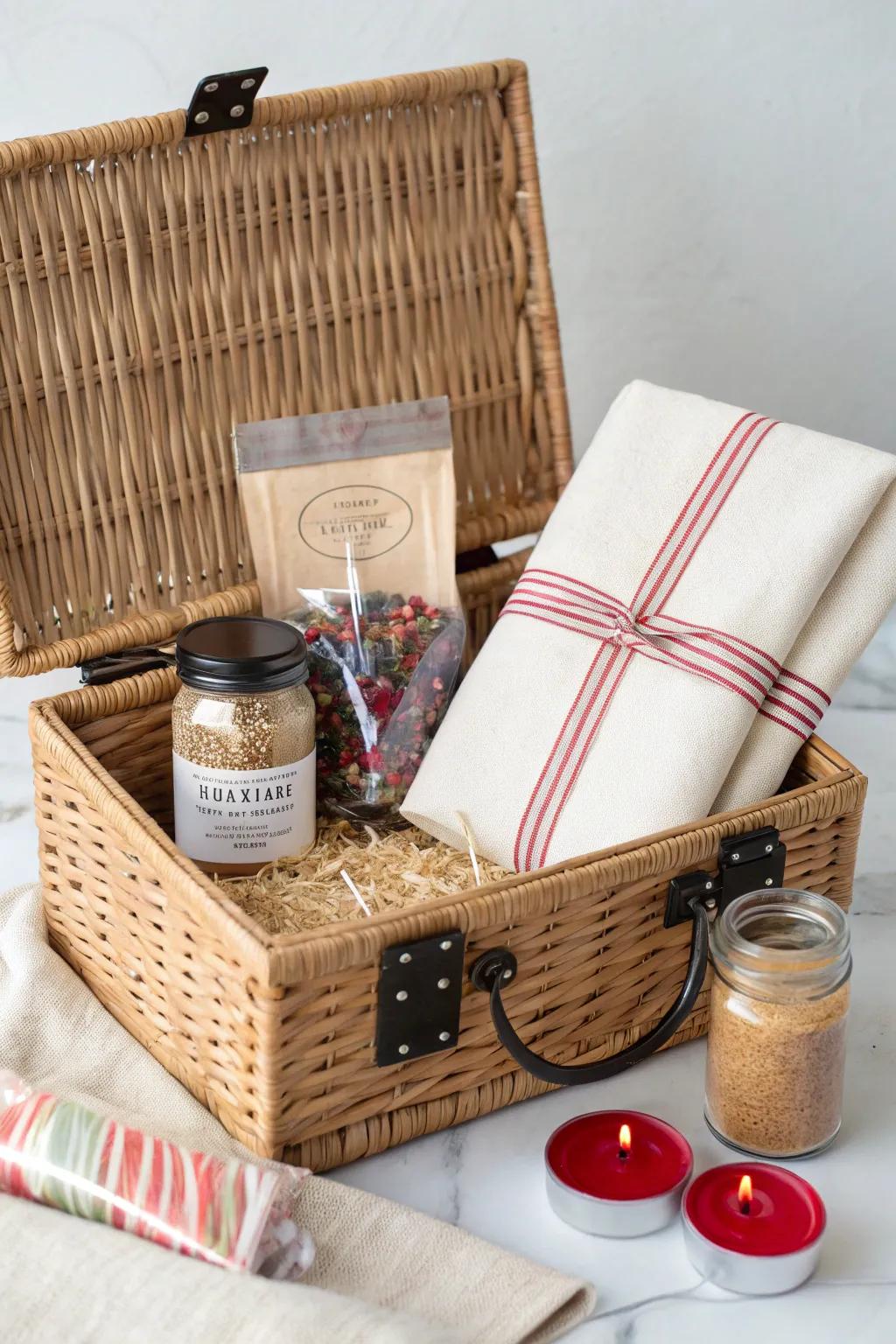 Holiday baking hamper: woven basket with cocoa, sprinkles, and ruby crinkle paper—so festive.
