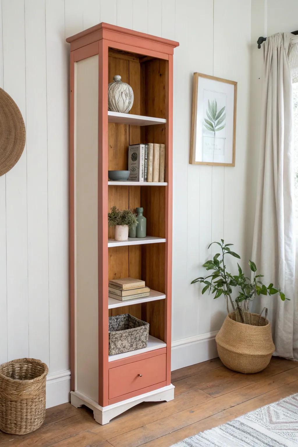 Half-painted dip effect: terracotta base + creamy top makes a tall bookcase feel calm in small rooms.