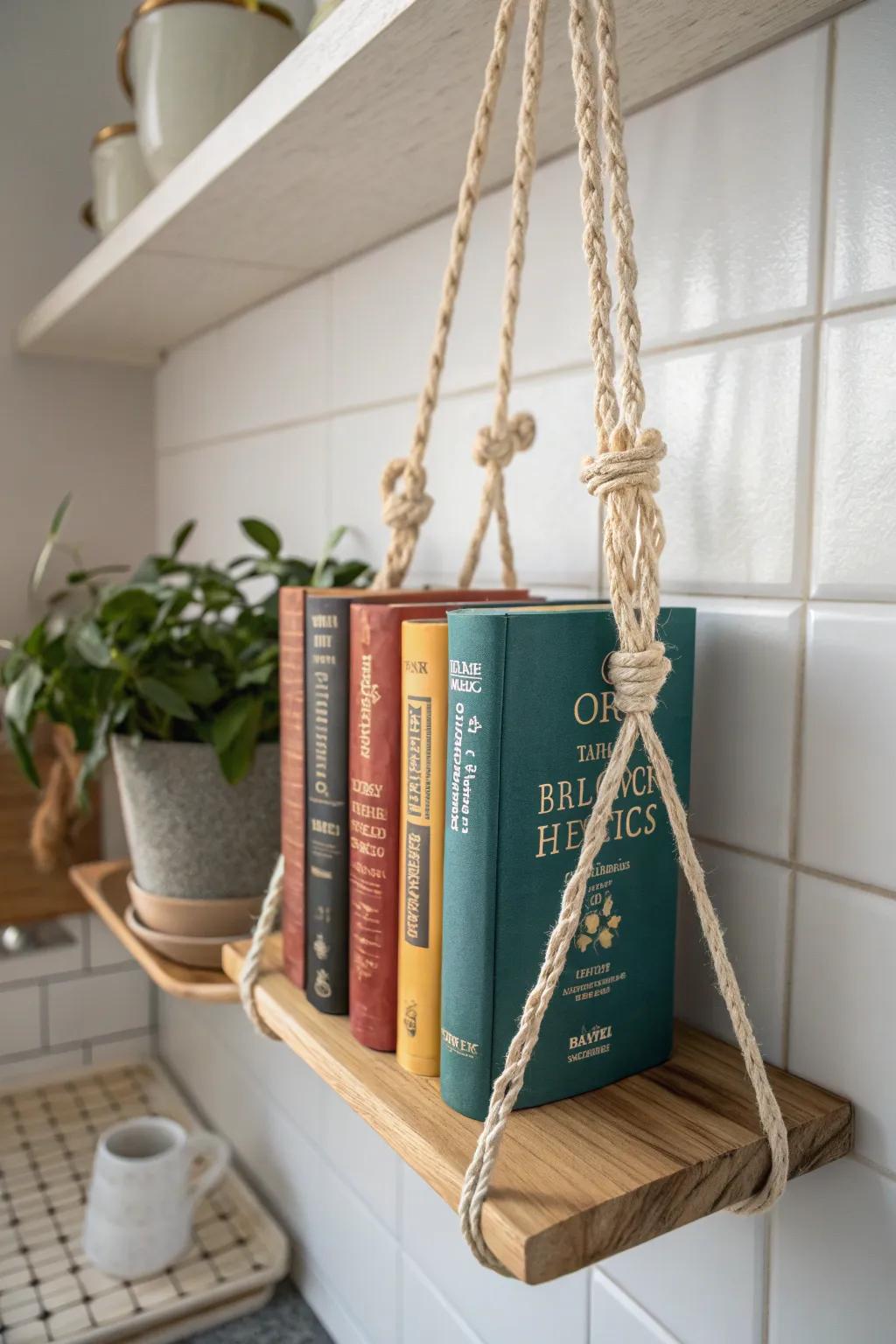 A chic hanging shelf keeps cookbooks handy and frees precious cabinet space—perfect for small kitchens.