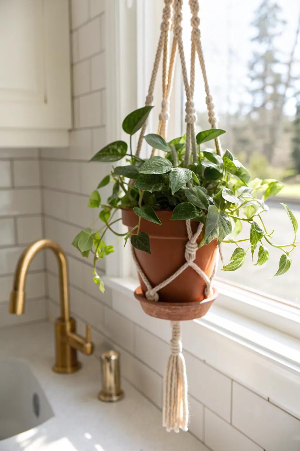 Handmade macramé pothos over the sink: a mini jungle halo that loves your kitchen window light.