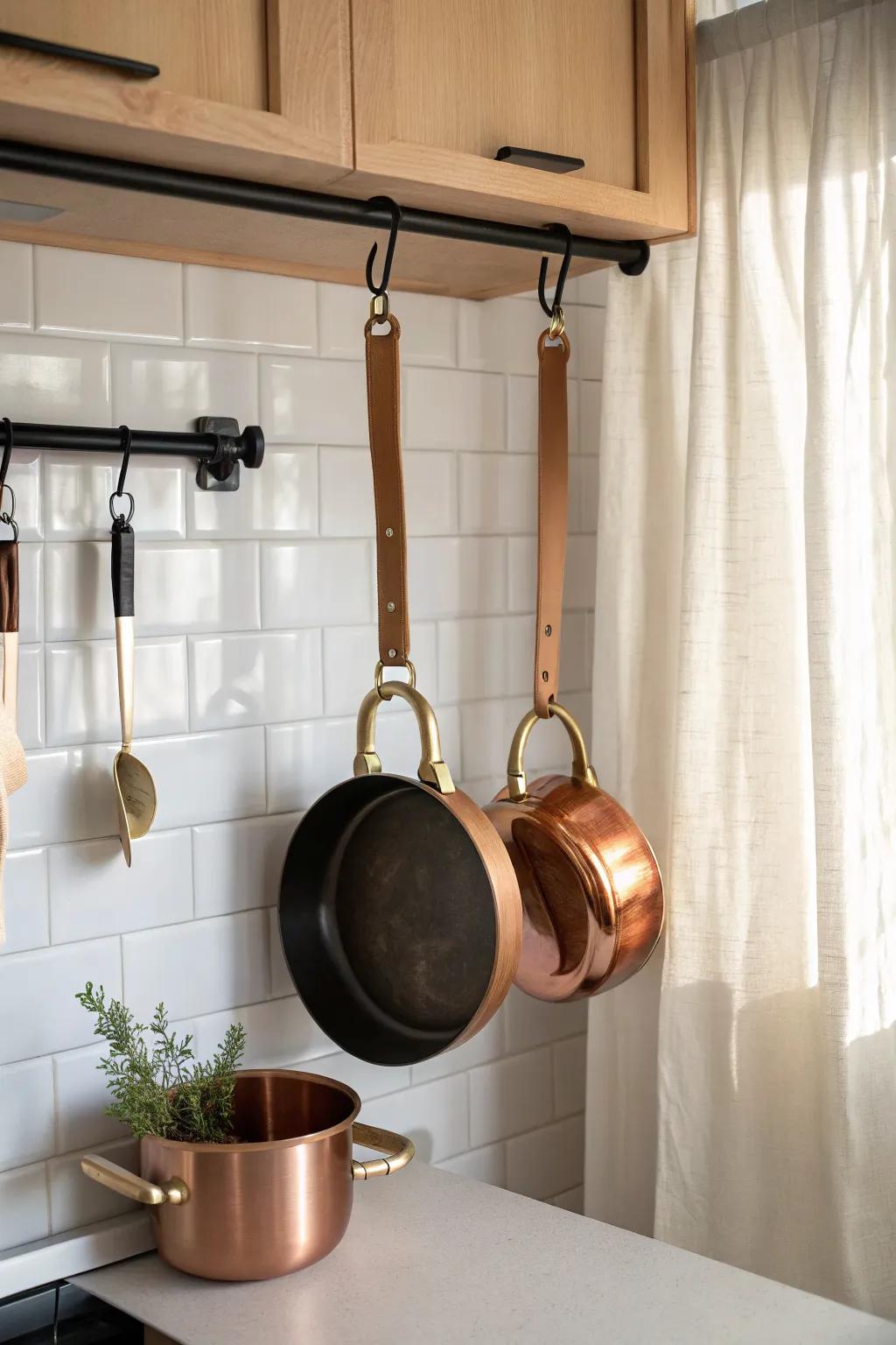 Suspended bar between cabinets: a slim hanging rack that keeps big pots handy in tiny kitchens.