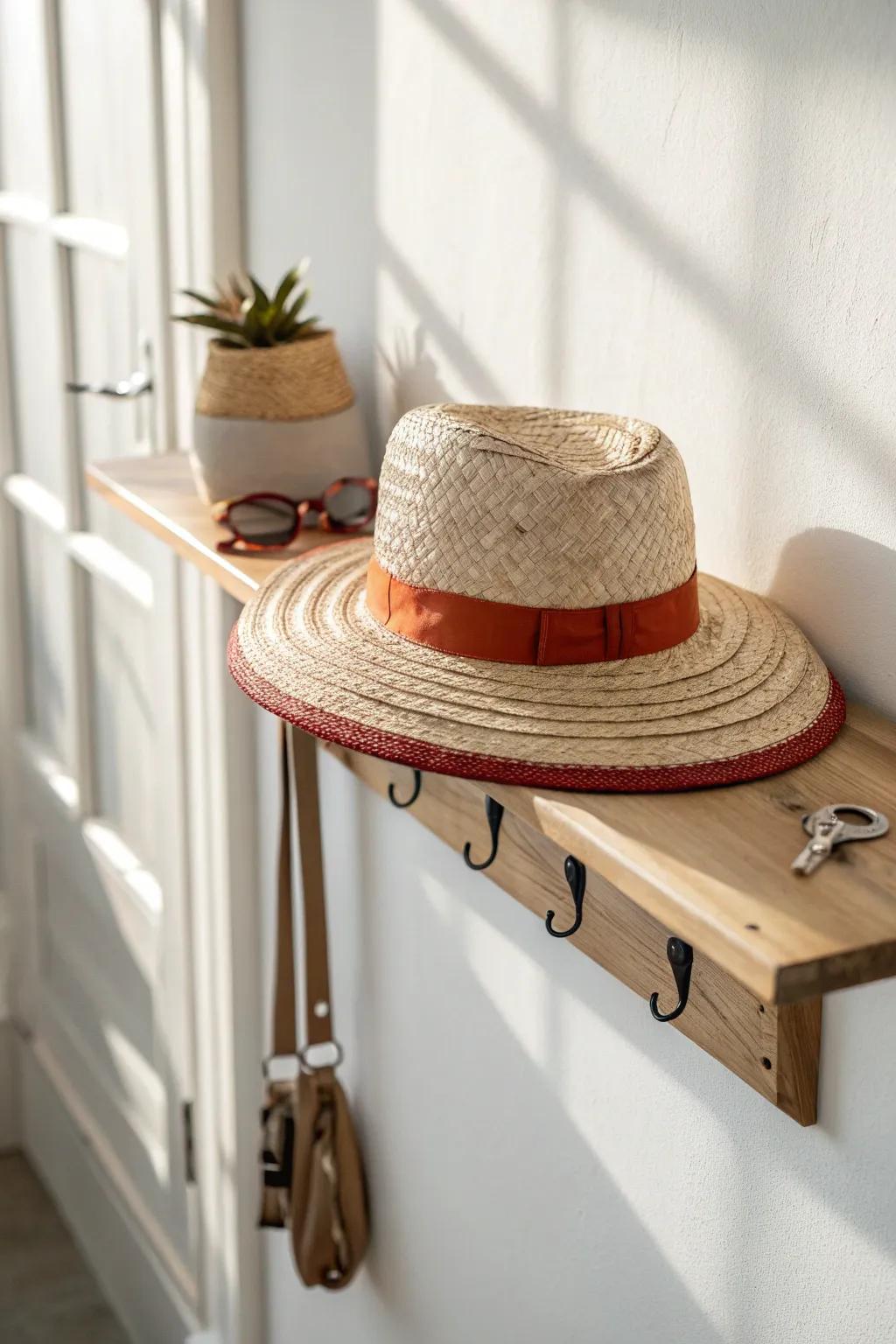 A floating shelf turns your favorite hat into chic, space-saving wall art.