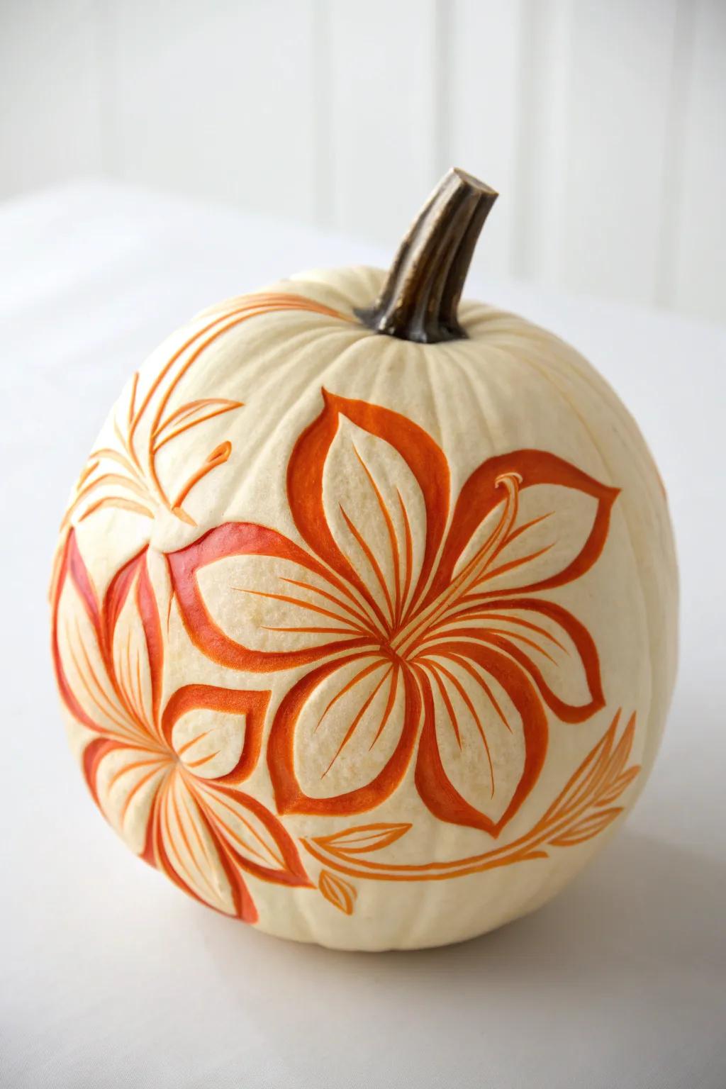 Embrace tranquility with this beautifully carved plumeria pumpkin, a perfect blend of simplicity and elegance for your autumn decor.