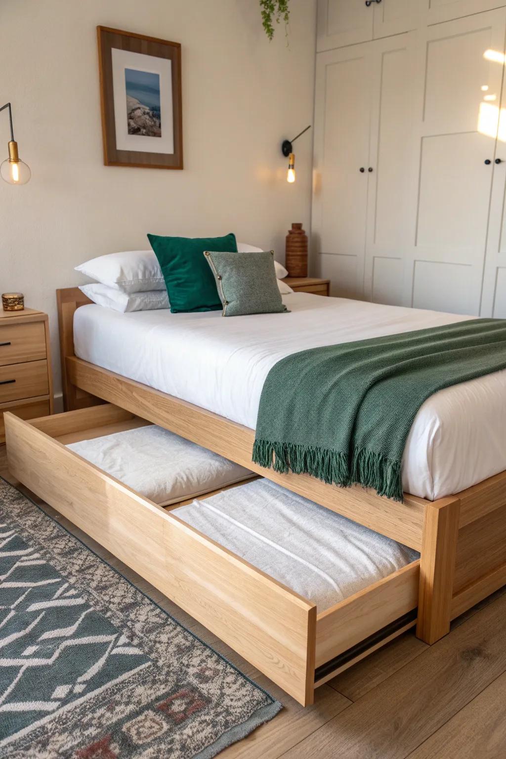 Platform bed with a hidden trundle—double guest space, zero clutter, Scandinavian calm.