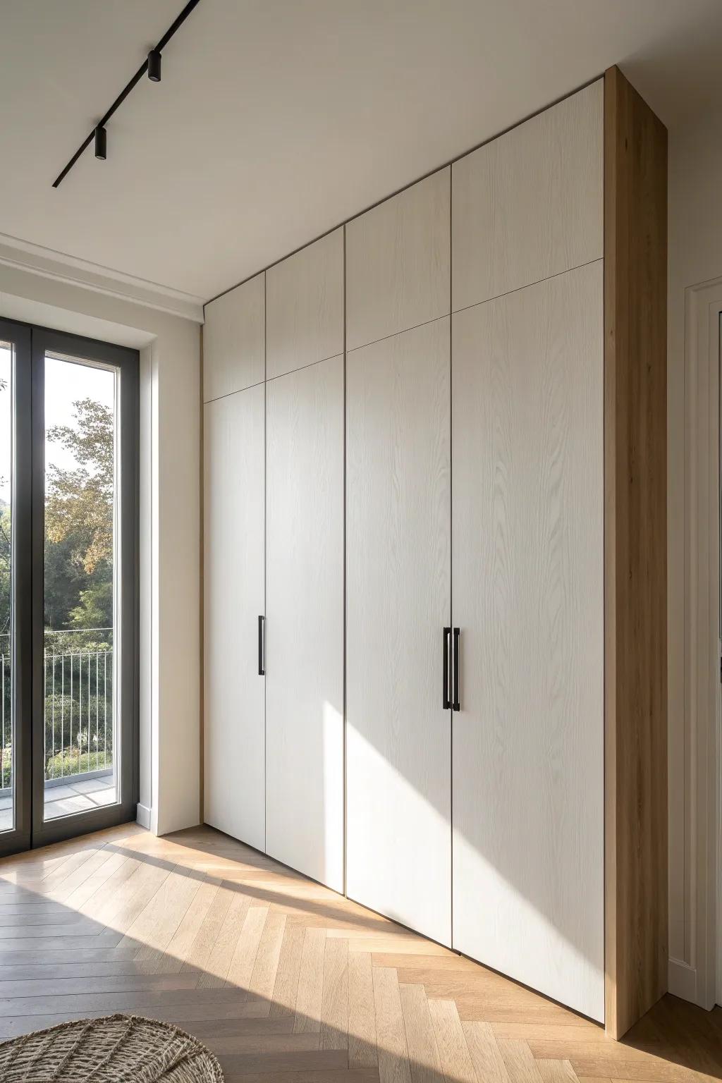 Wall-to-wall wardrobe doors that look built-in—hidden storage that makes a small bedroom feel bigger.