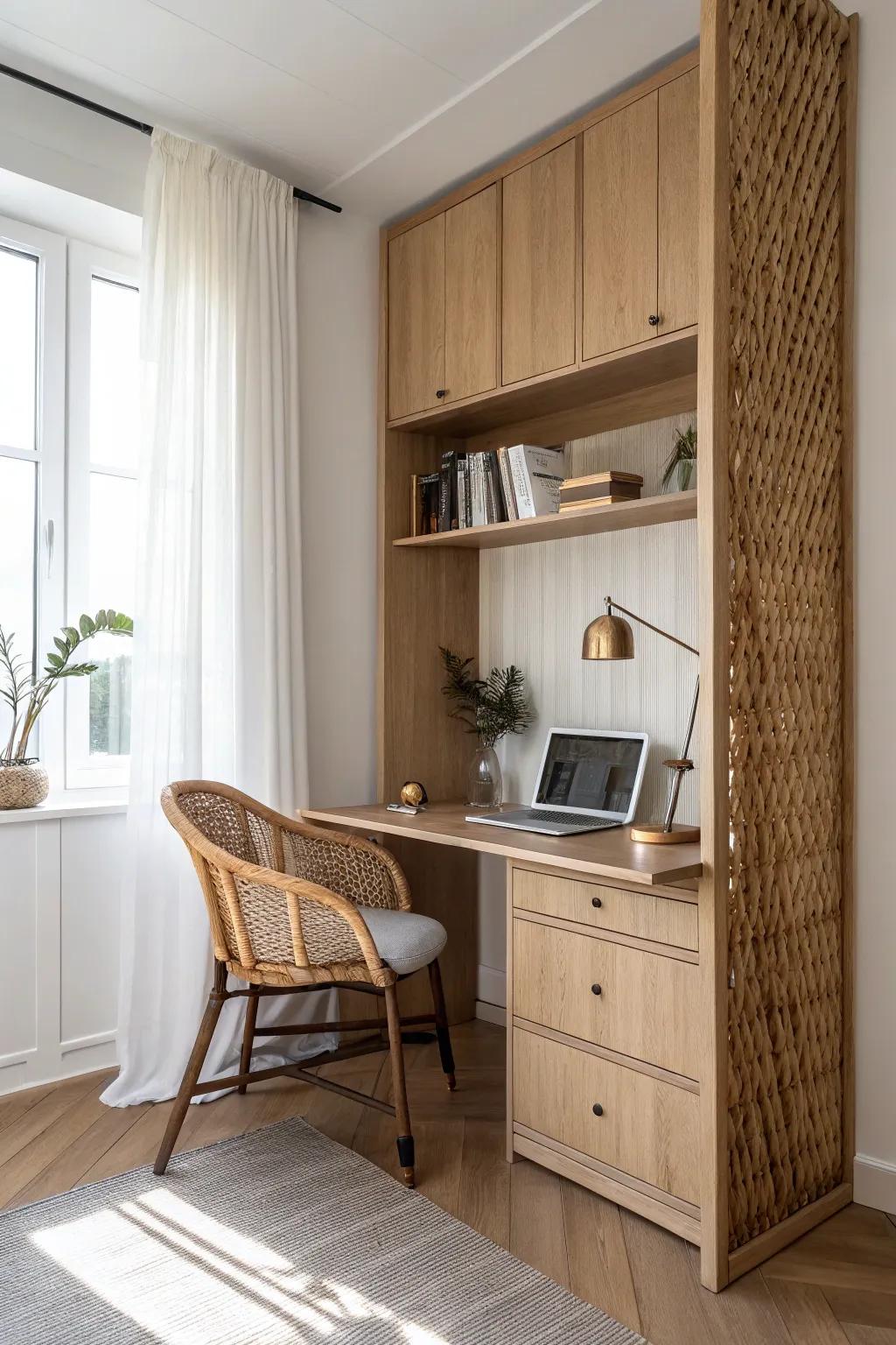 A bedroom alcove disappearing desk that closes away for an instantly calmer, clutter-free room.