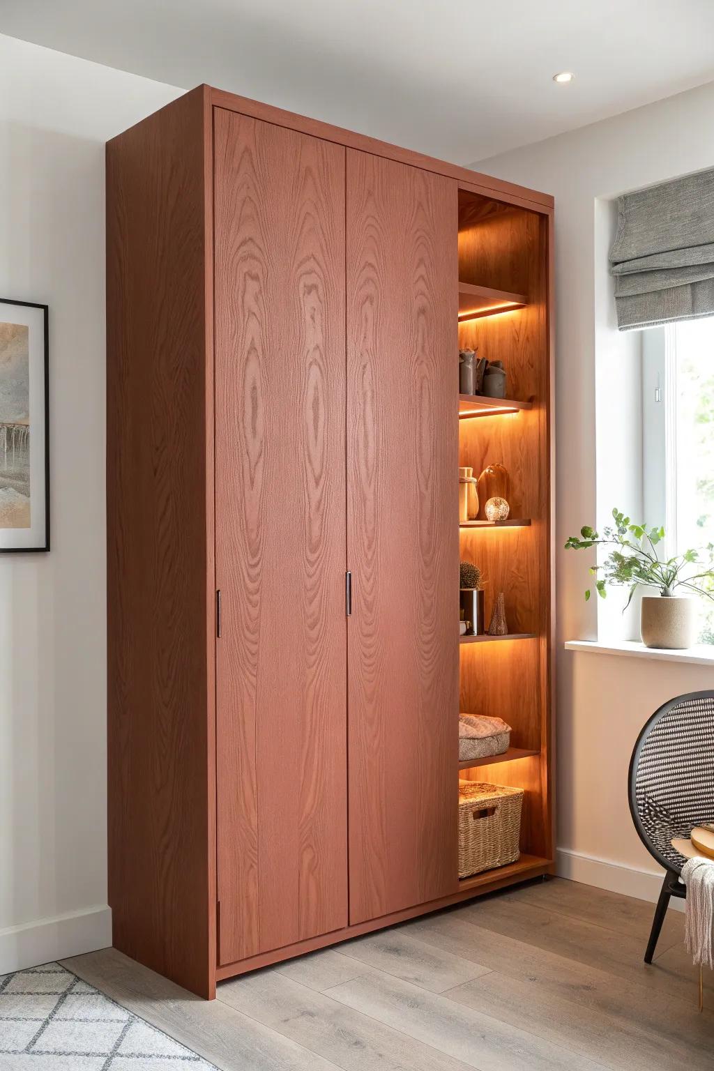 A secret pantry glow: warm LEDs turn a hidden cabinet into a boutique-worthy reveal.