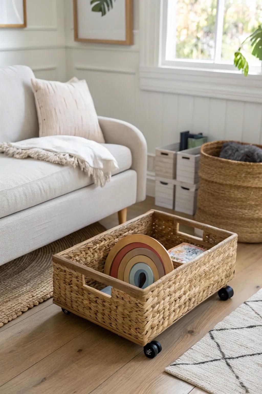 Pull-out under-sofa rolling bin: hidden toy storage that keeps small spaces calm and chic.