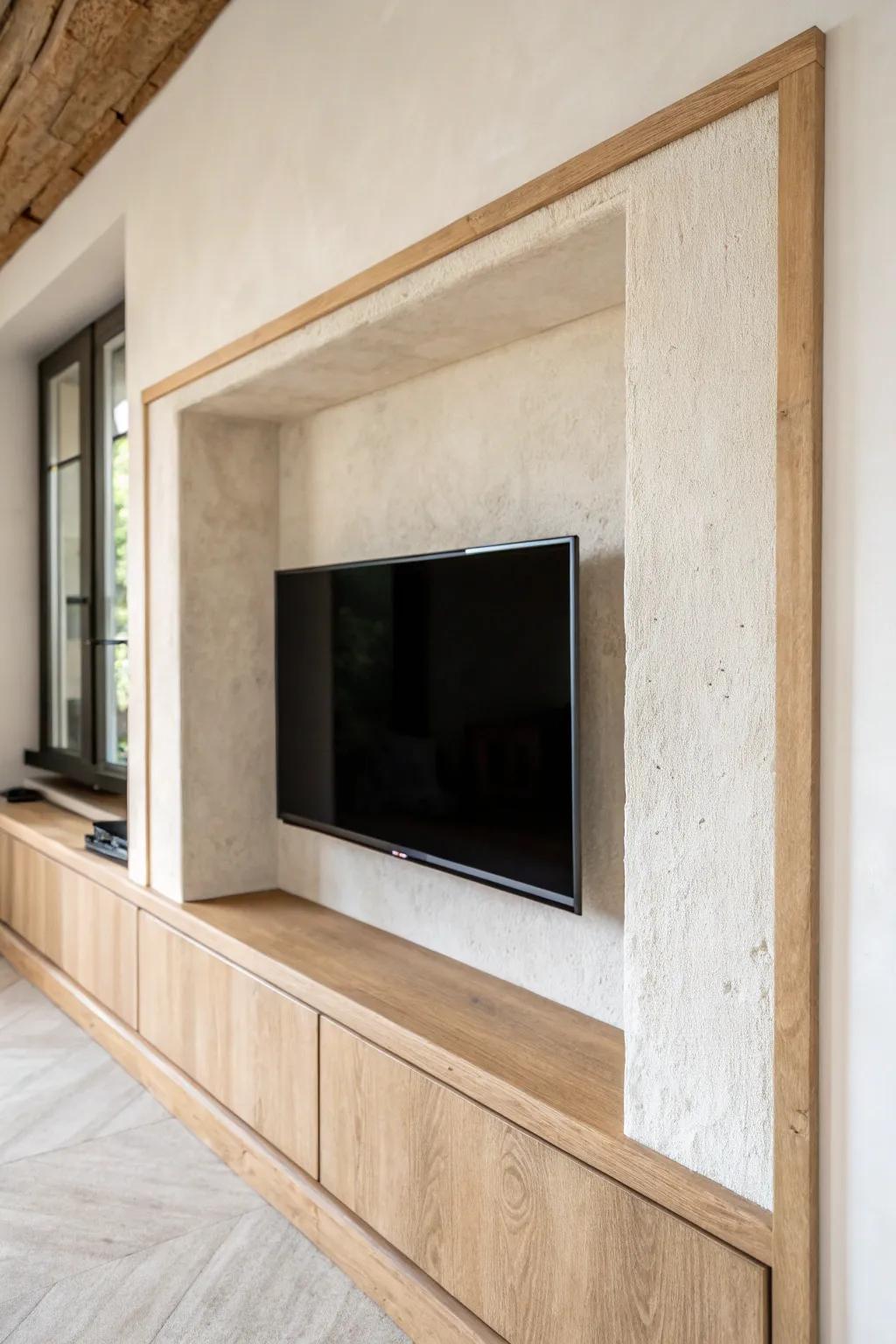 Recess the TV in a shallow wall niche for a clean, built-in look that saves space.