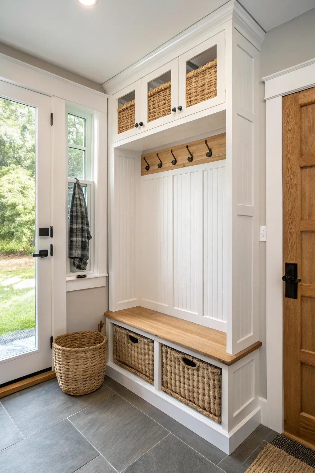 A slim slatted cabinet hides utilities while doubling as the prettiest mudroom drop zone.