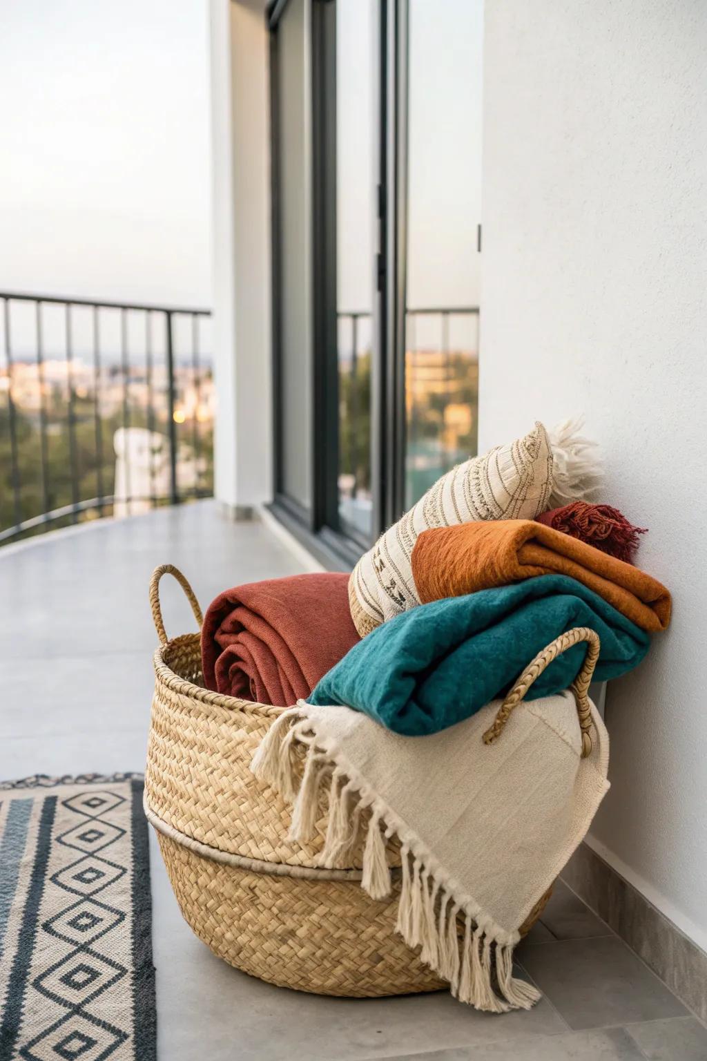 A woven basket of throws and cushions turns a breezy high-rise balcony into a cozy nook.
