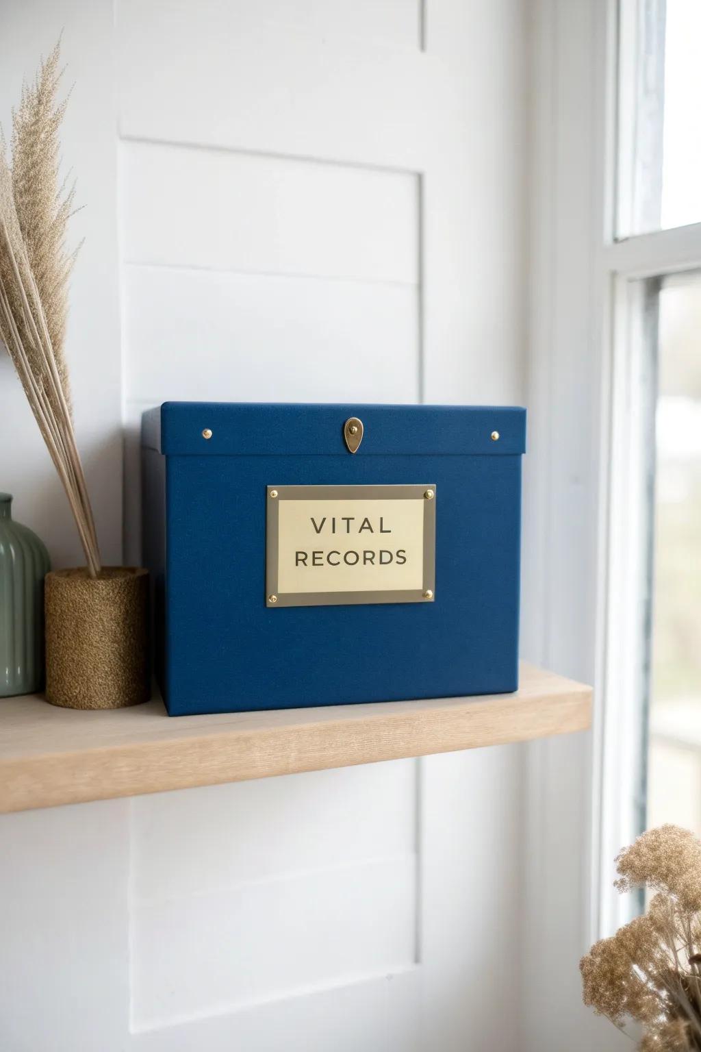 A bold “Vital Records” box keeps tiny-space paperwork calm, tidy, and instantly findable.