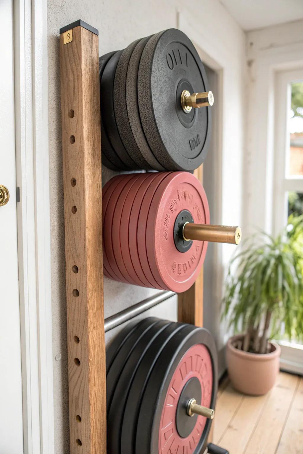 Wall pins keep weight plates off the floor—sorted, visible, and beautifully minimal.