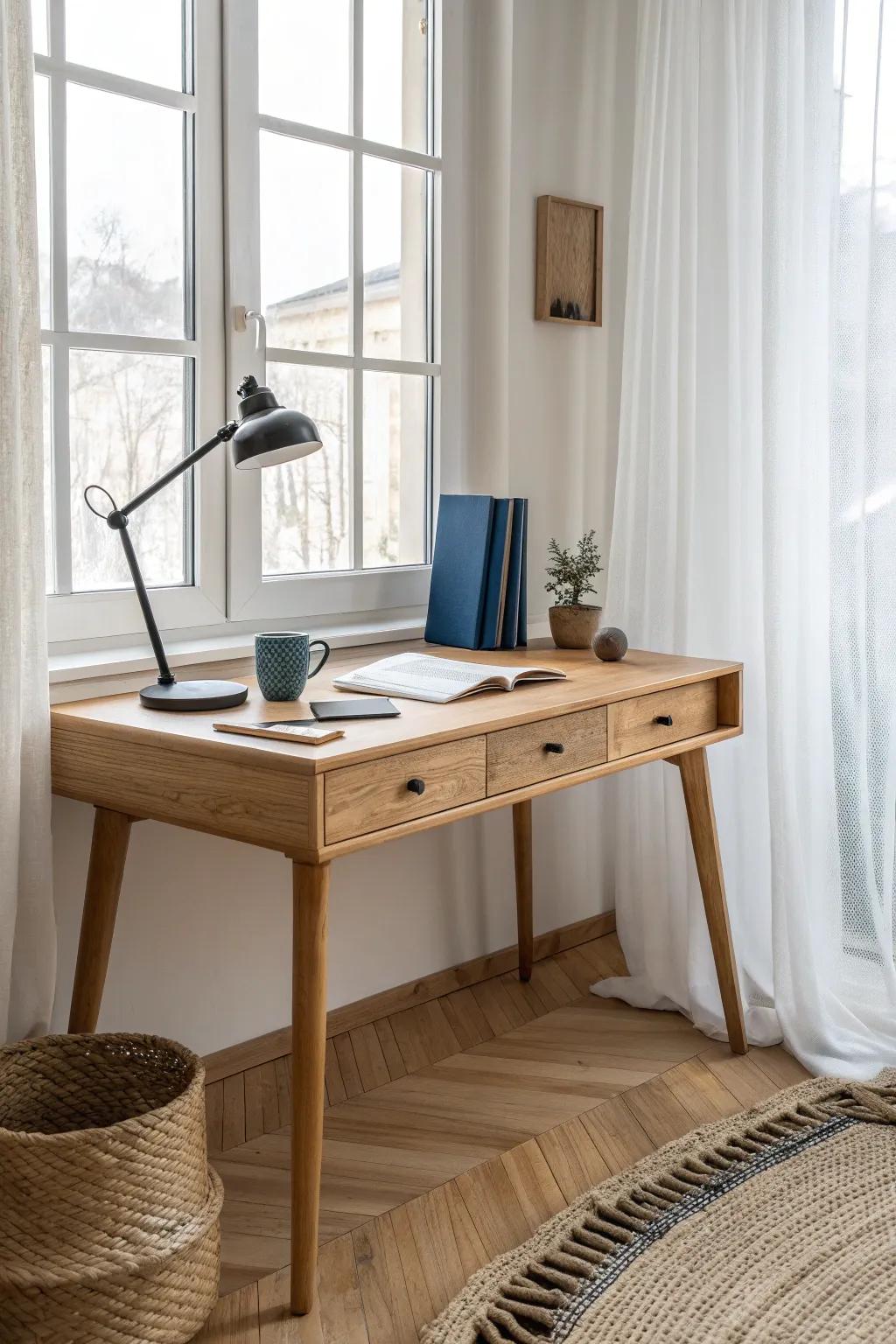Put your desk by the window for energizing light—guests still get the cozy view.