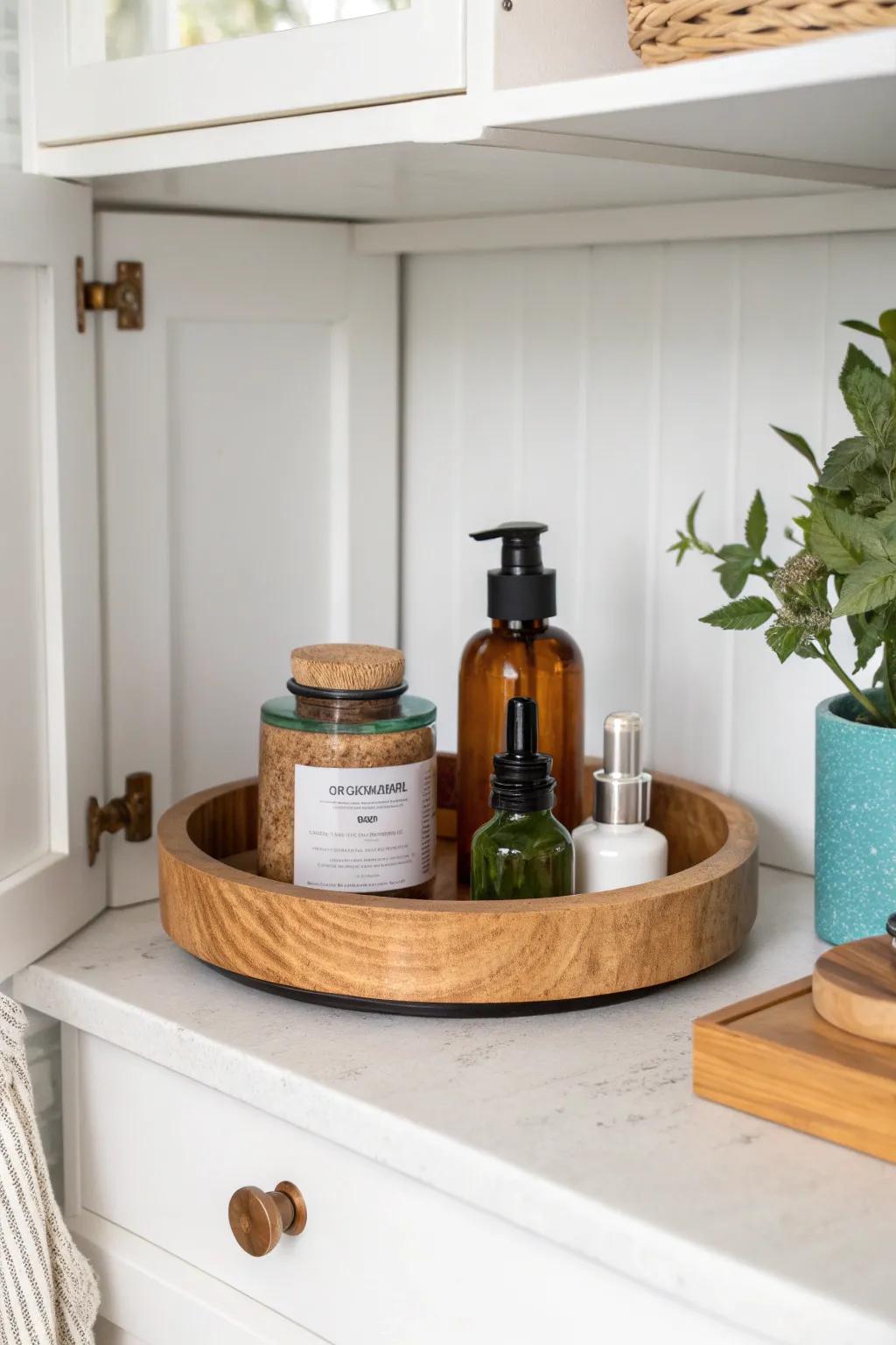 Wooden turntable keeps oils and vitamins in reach—no more digging in deep cabinet shelves.