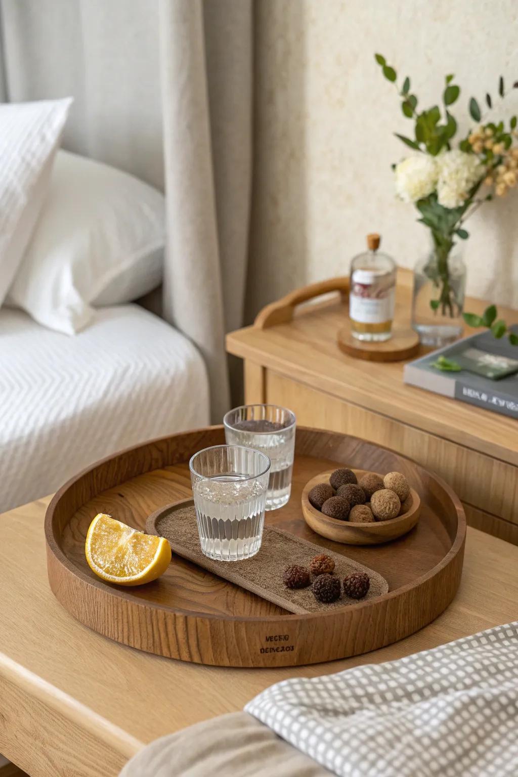 A tiny treat tray with two glasses and sweets—instant hotel-luxury vibes on any nightstand.