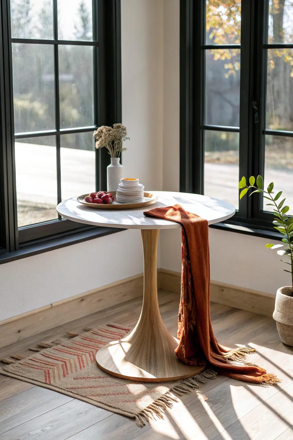 A small round bistro table turns sunroom floor space into the perfect morning coffee spot.