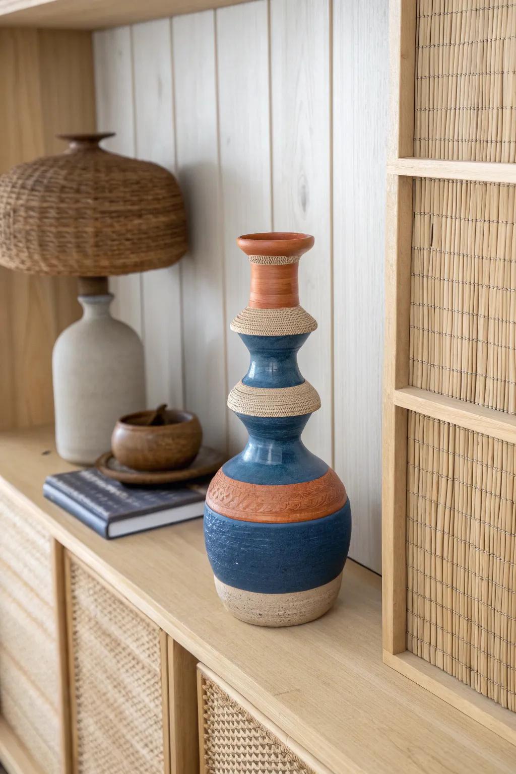 One sculptural vase mixing round + rectangular forms creates instant shelf balance.