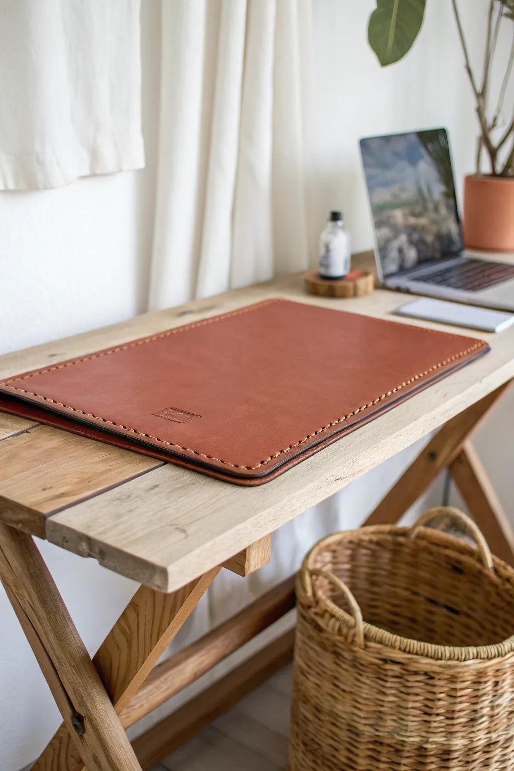 A terracotta desk mat makes a folding table feel like a clean, intentional desk setup.