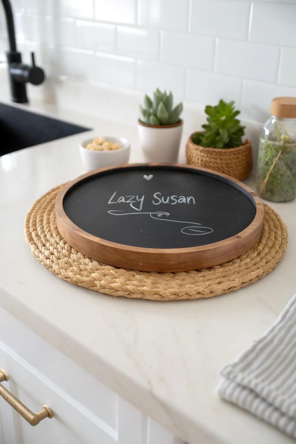 Transform your kitchen centerpiece with a chalkboard lazy Susan — perfect for labeling treats or sharing messages!