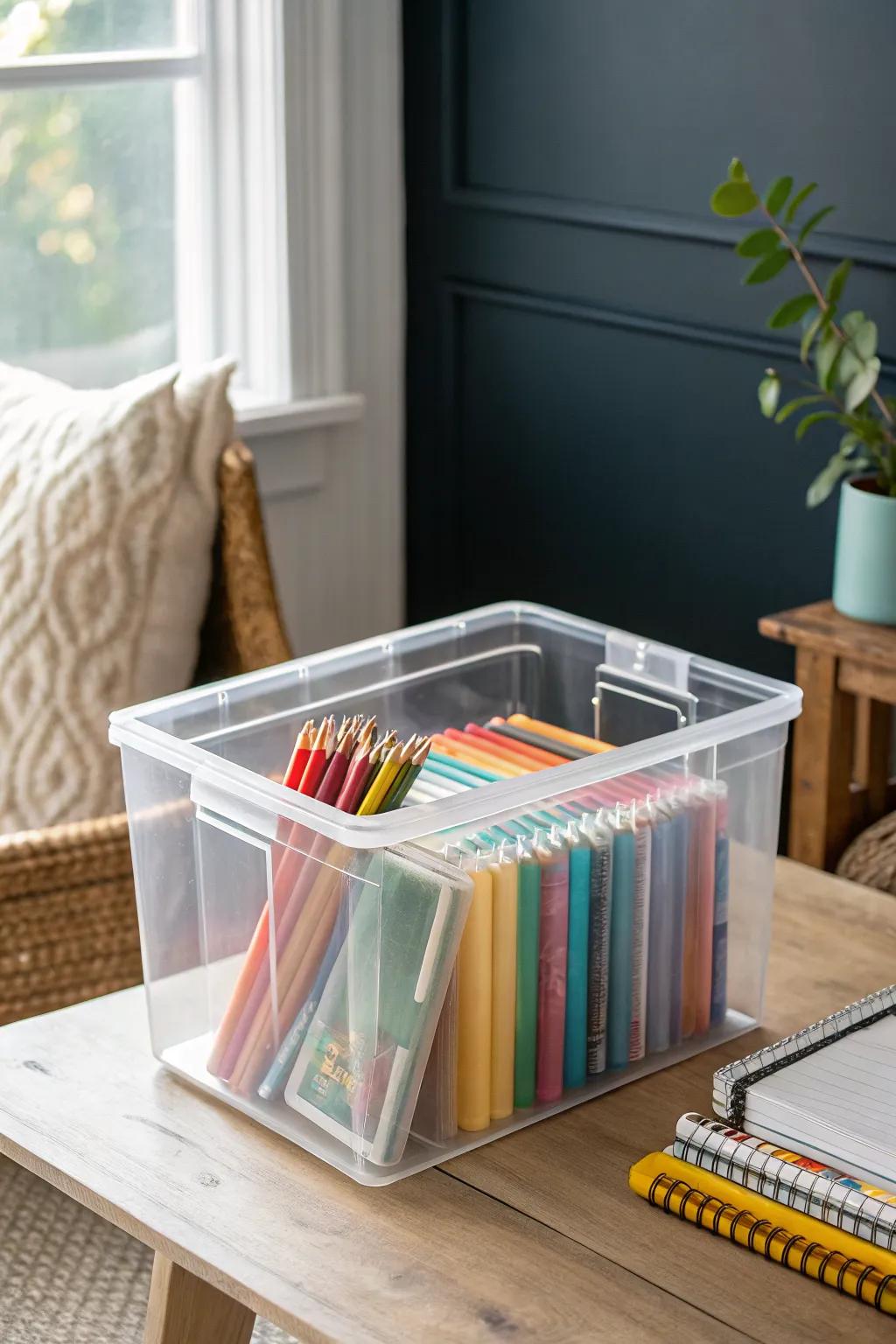 Clear lidded bins keep tiny school supplies visible, sorted, and easy to grab on busy mornings.