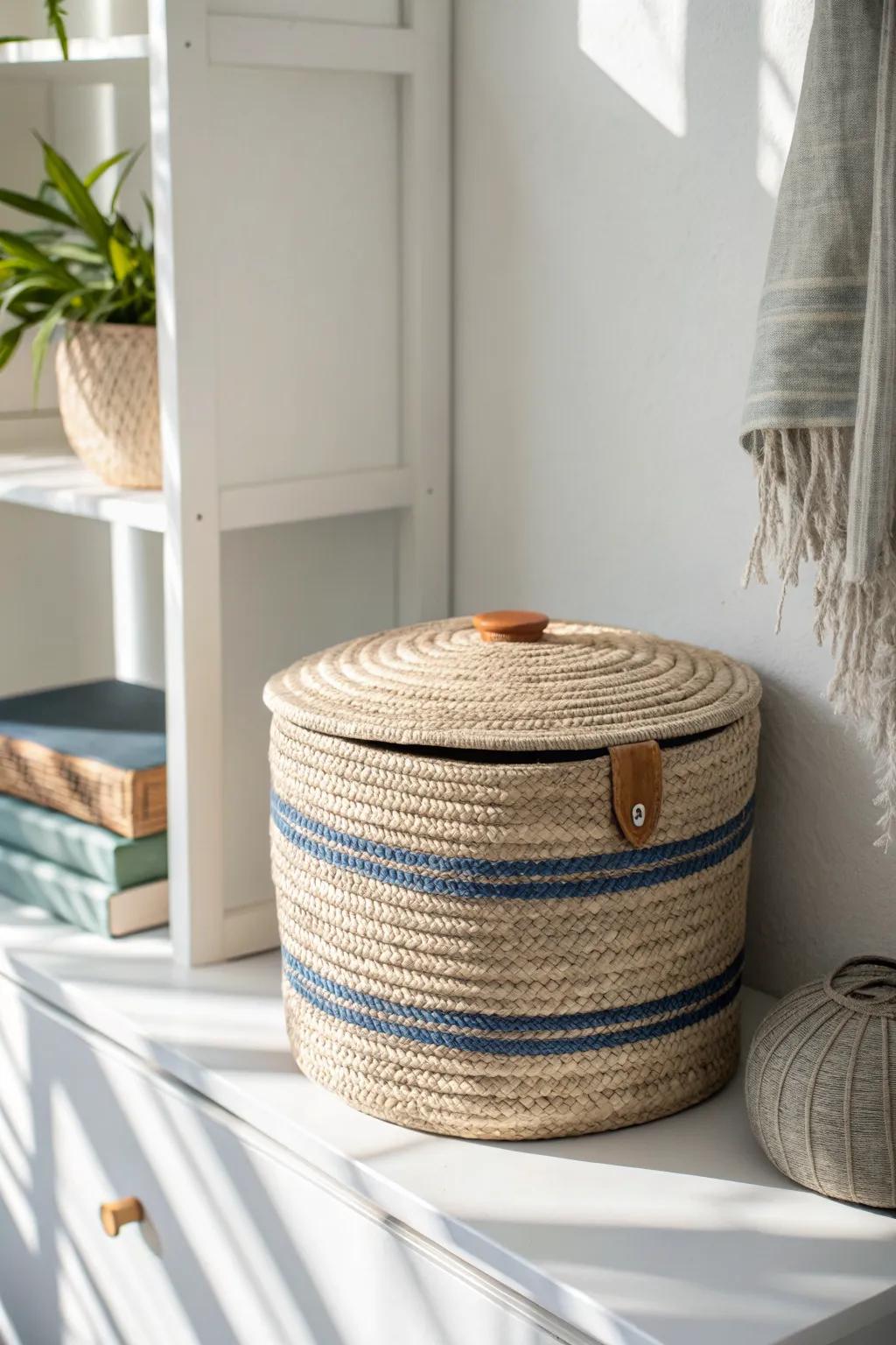 Hide small-space clutter in a lidded basket down low—clean shelves, calm room, zero mess.