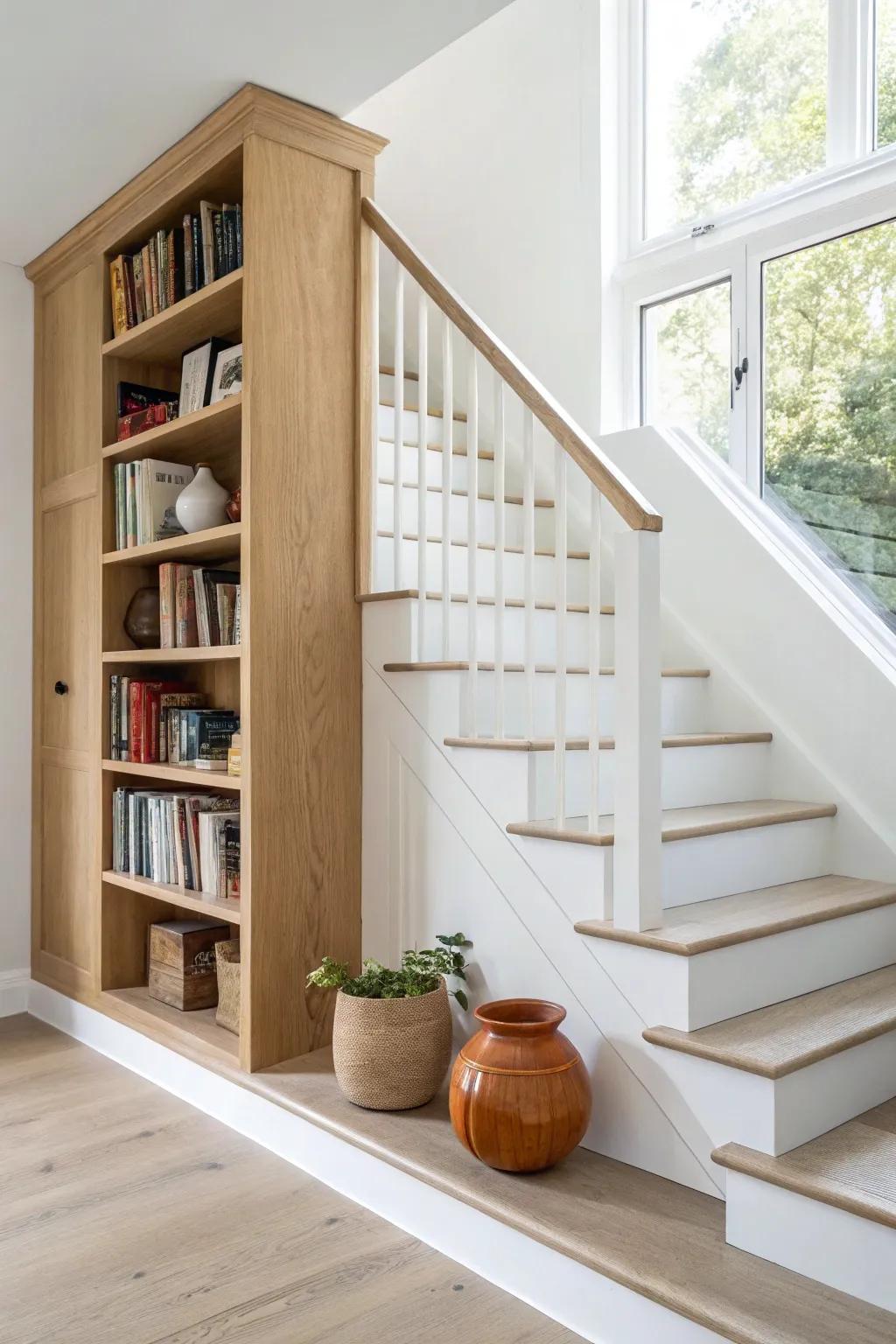 Built-in bookcase up the stair wall—turn dead space into a cozy, sculptural library.