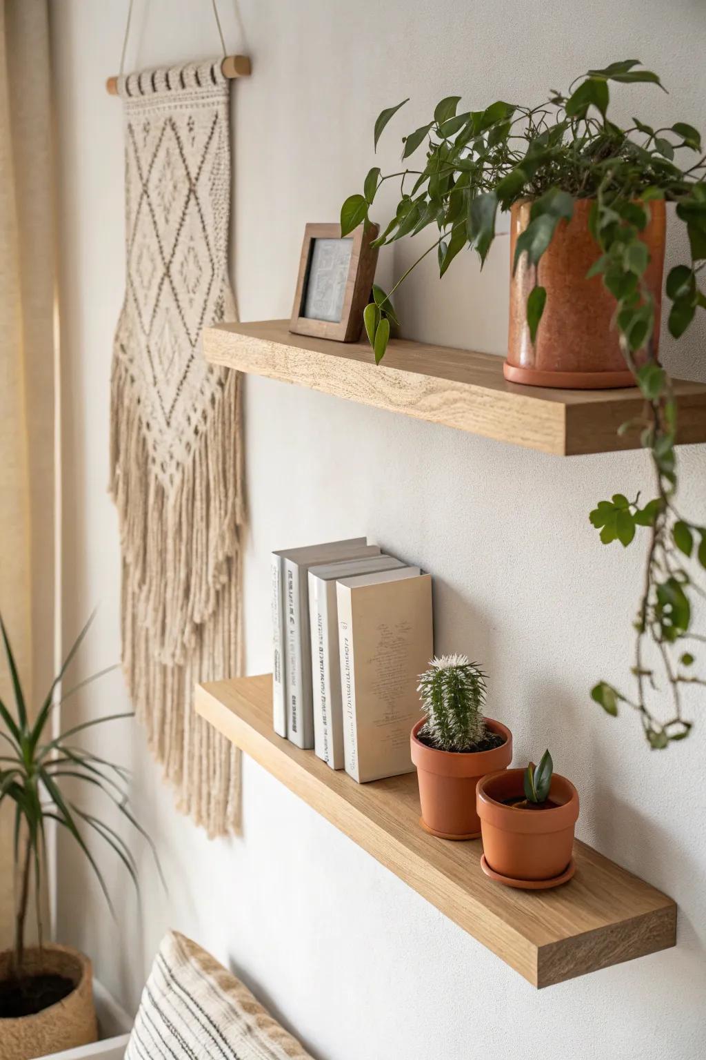 One floating shelf turns blank wall space into airy storage—books, a plant, and a bold color pop.