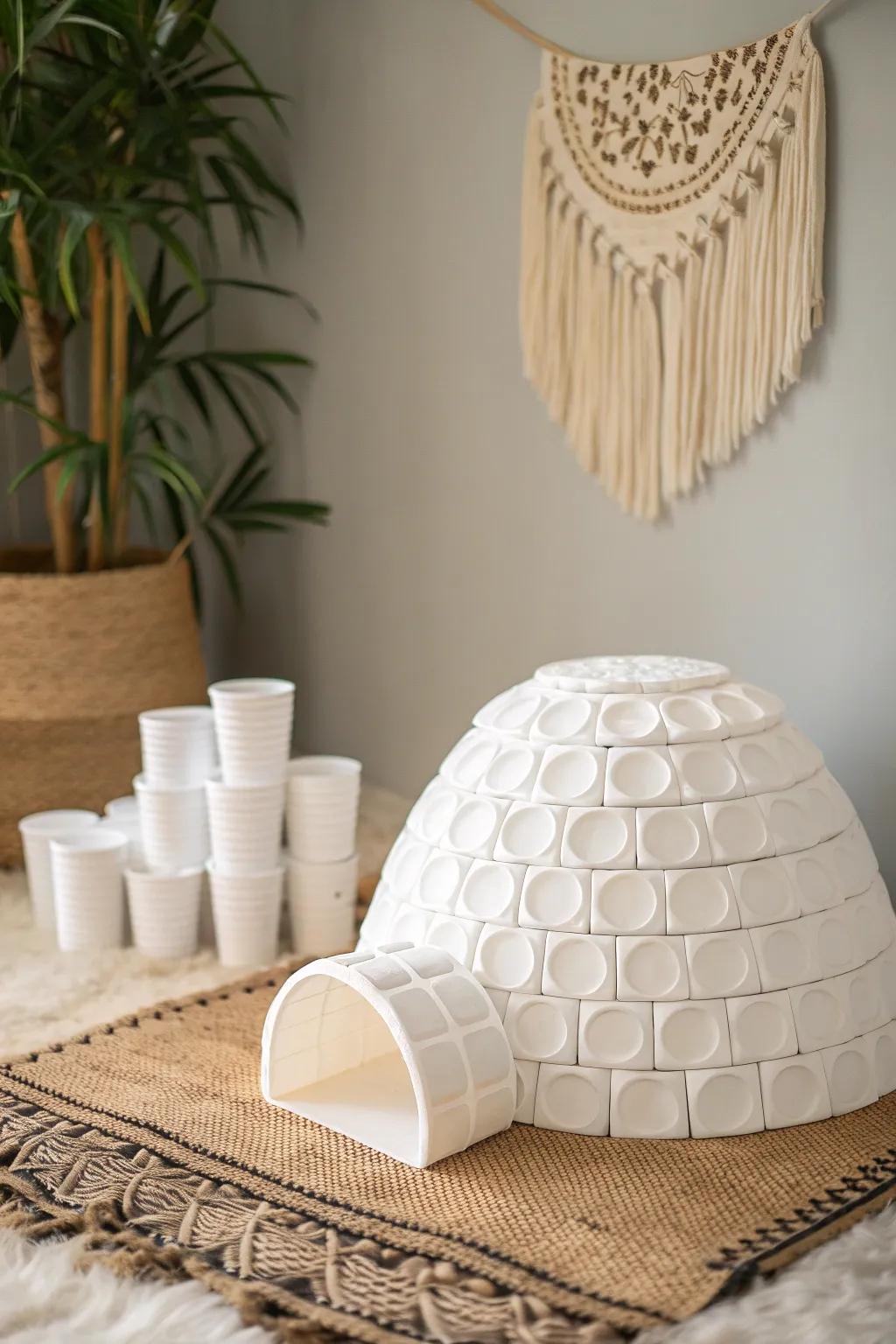 Crafted with Care: Discover the charm of minimalist design with this Styrofoam cup igloo, perfect for imaginative indoor play!