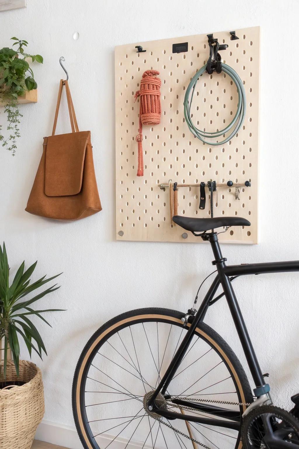 A reconfigurable pegboard bike wall that keeps your ride, lock, and pump beautifully in place.