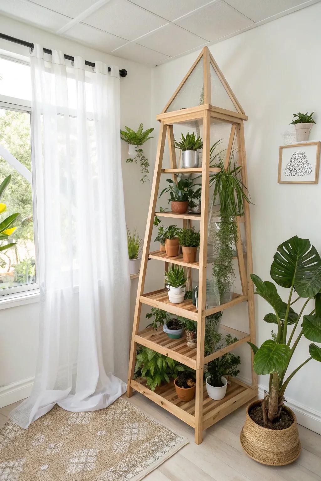 A cozy corner greenhouse: triangular shelves + clear curtain for a chic, clutter-free plant zone.
