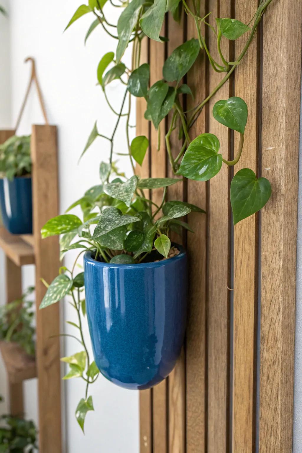 Warm wood slats and a bold mounted pot turn any blank wall into a tiny indoor garden.