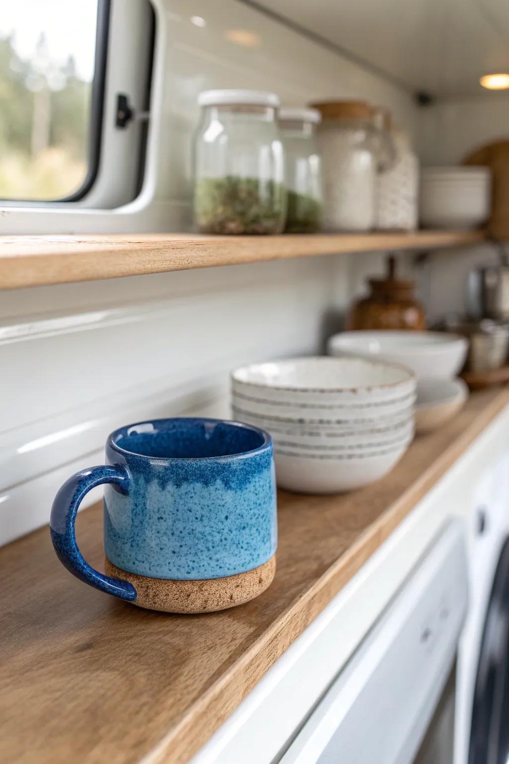 Pretty-but-practical camper shelves: let one bold handmade mug be the star of your styling.