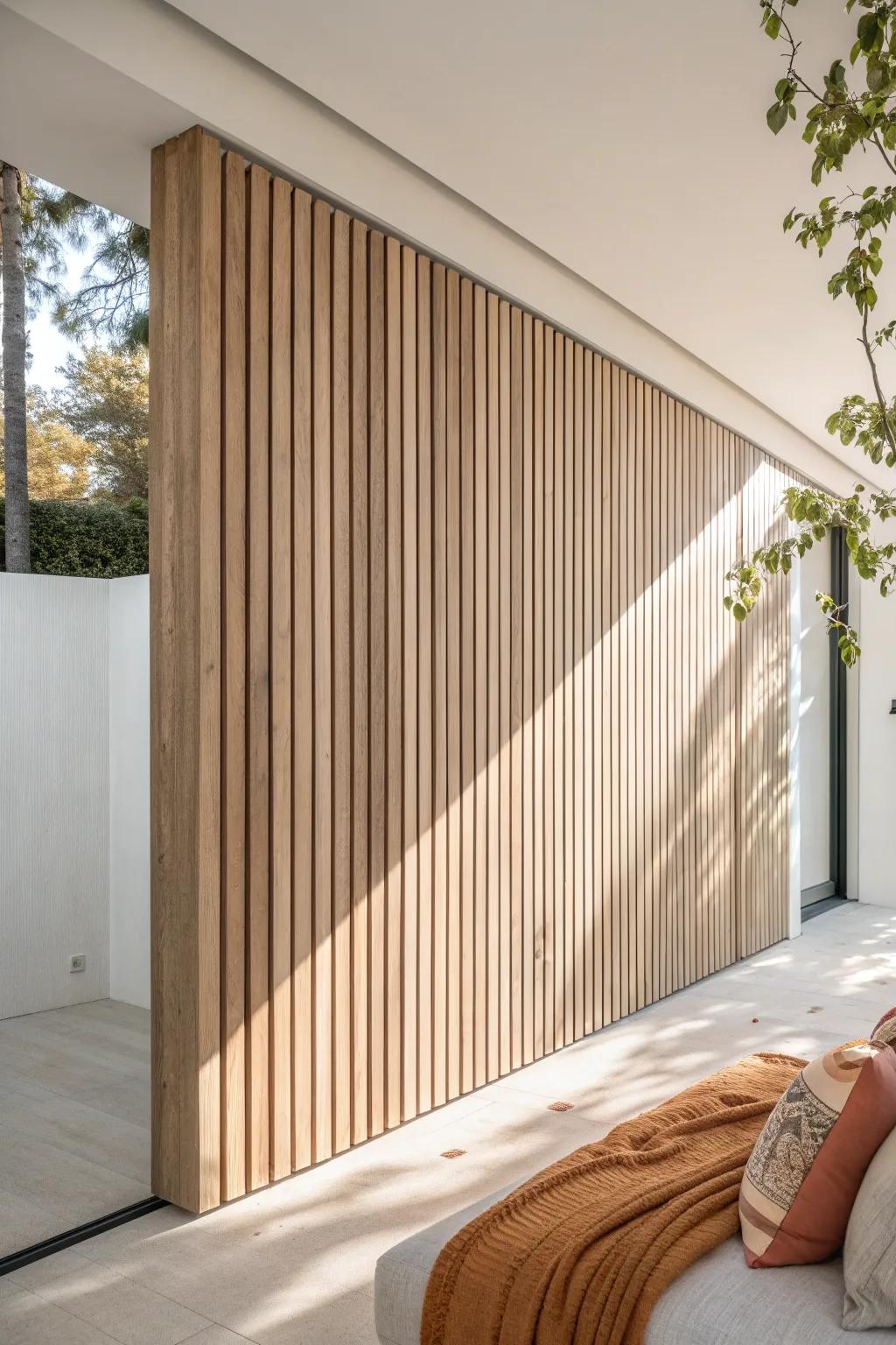 Light wood slat wall, Scandinavian and airy—makes small spaces feel brighter and bigger.