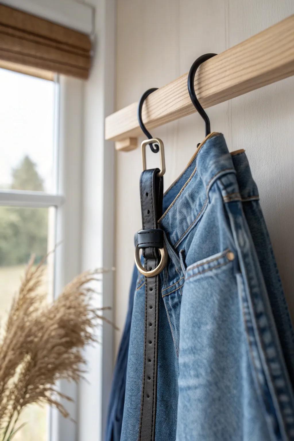 Lazy-day jeans storage: hang denim by belt loops with one sleek S-hook for instant access.