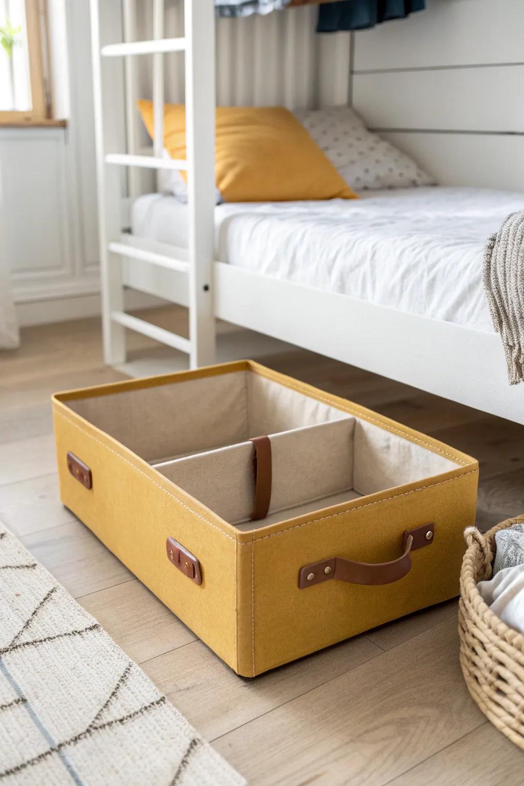 Create clear under-bed “lanes” so bins glide out in small rooms—no extra dresser needed.