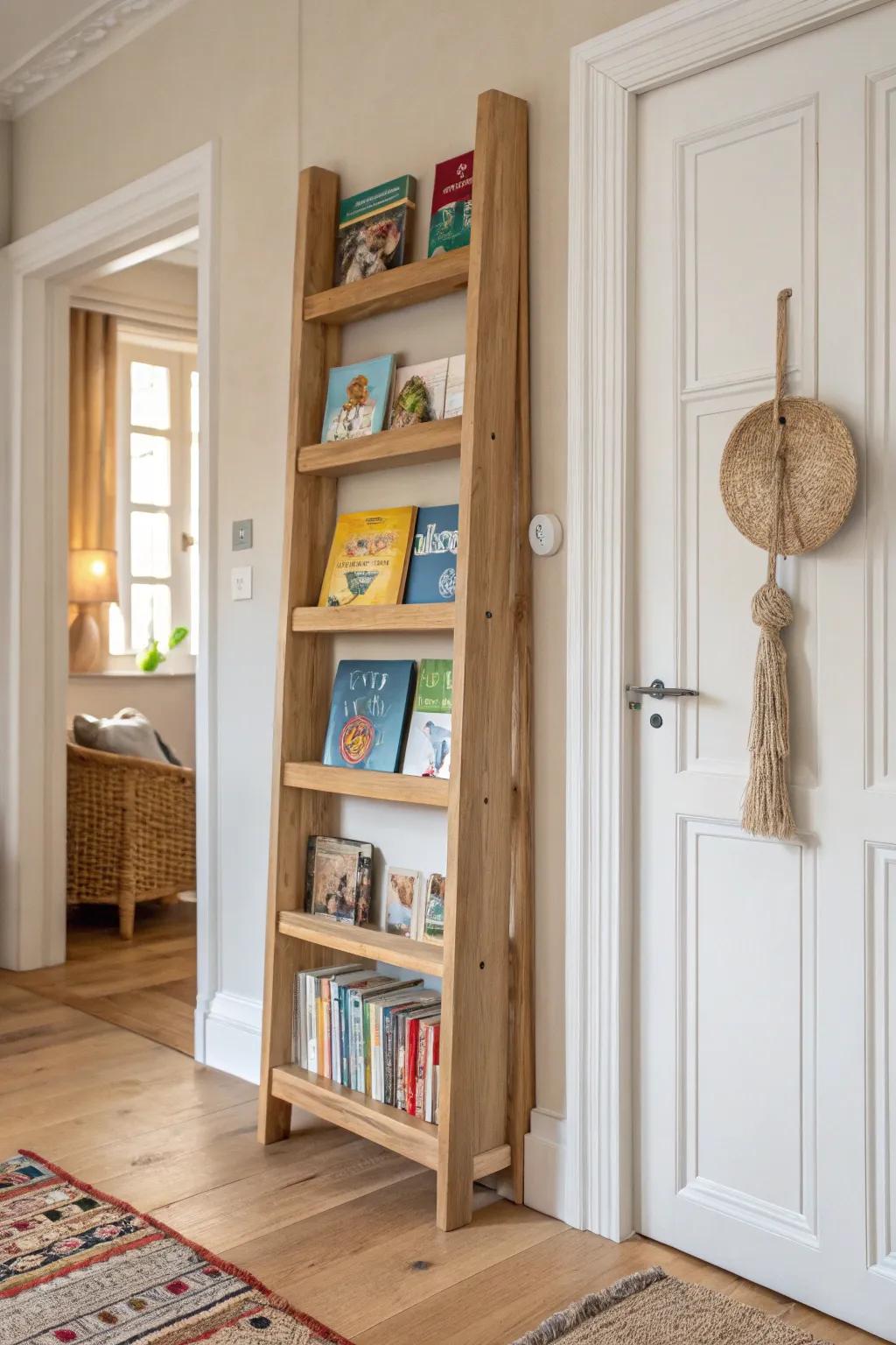 Use the space behind the door: slim shelves keep kids’ favorites visible without clutter.