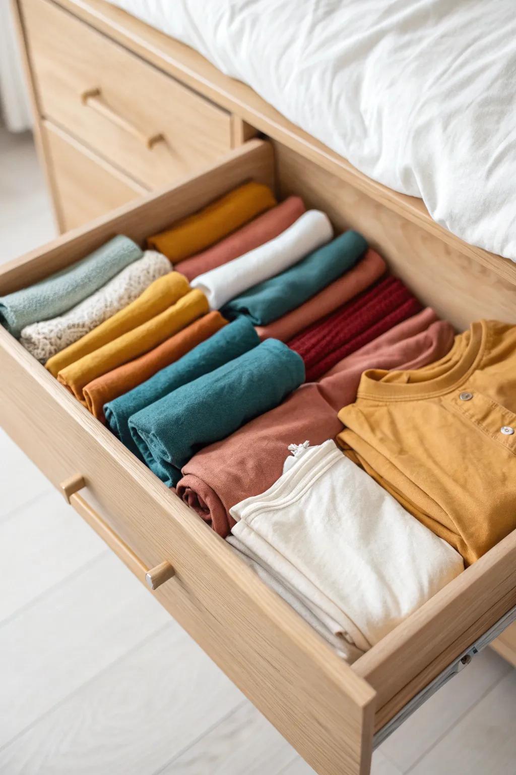 File-fold small clothes so kids can see every option fast—no messy stacks, just tidy drawers.
