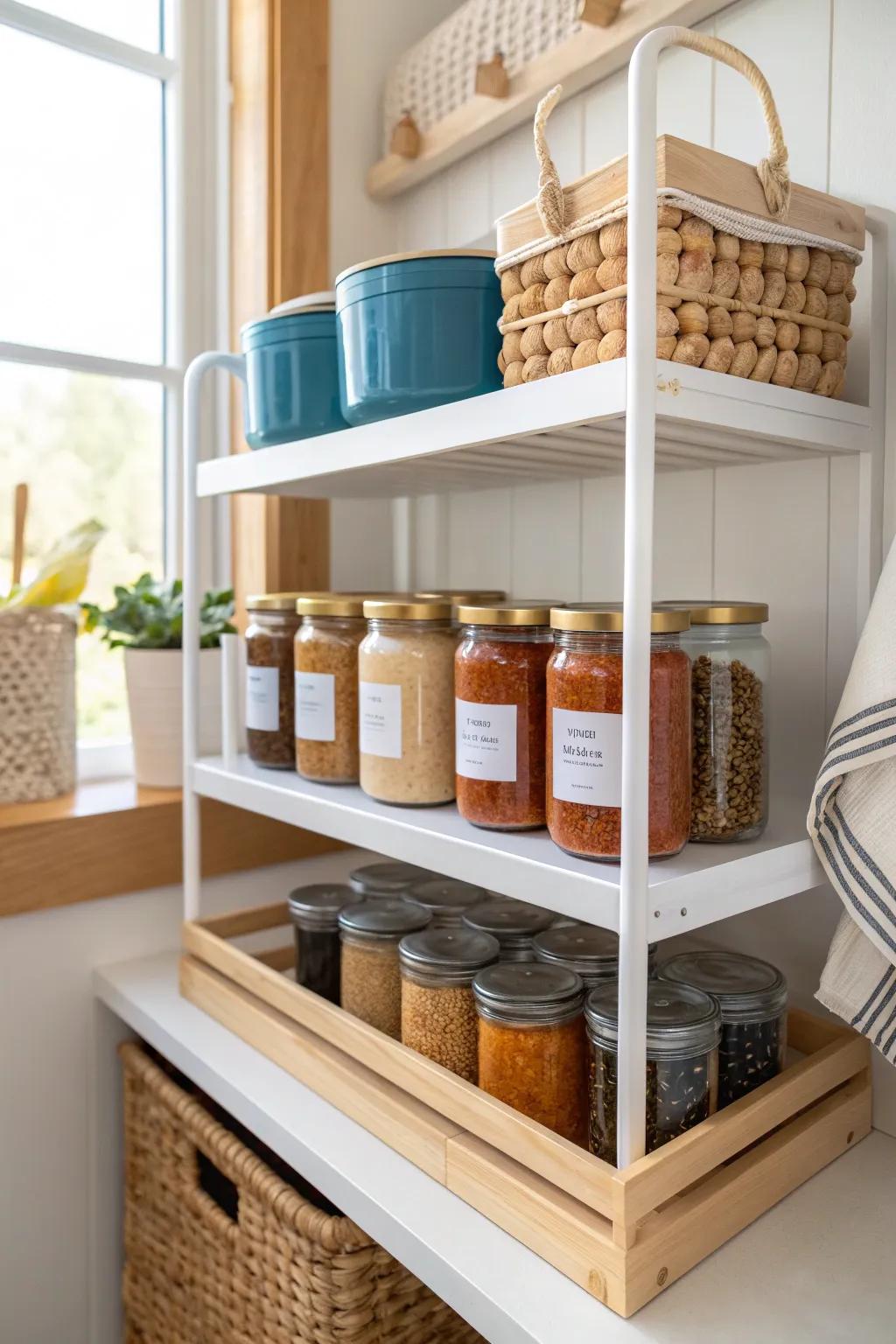Tiered riser = zero mystery cans—see every label at a glance in your pantry closet.